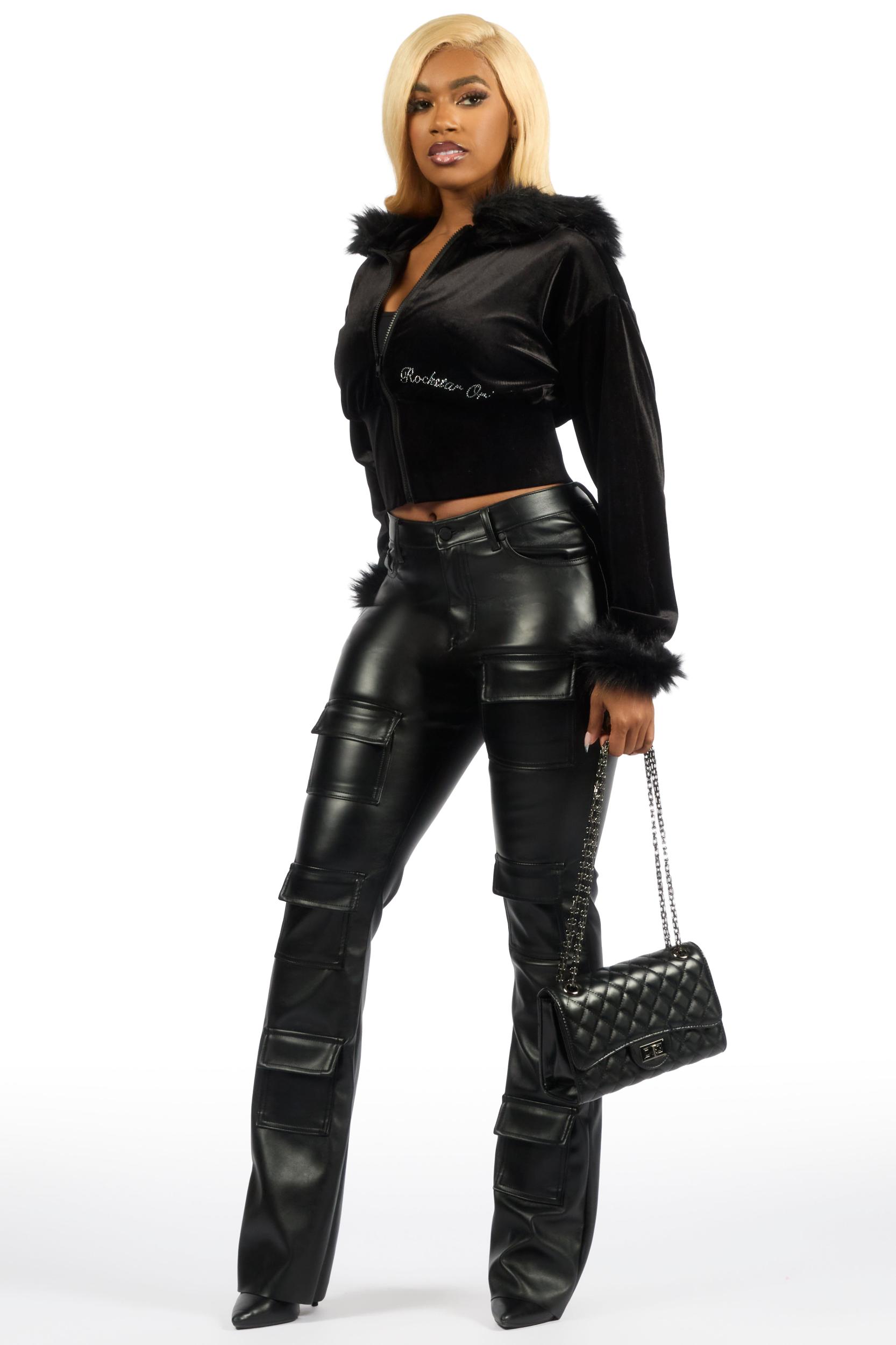 Shanika Black Velour Crop Hoodie With Fur Hood Female Product Image