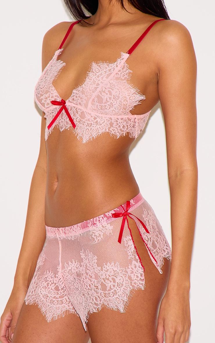 Pink Lace Contrast Trim Bralette Short Pj Set Product Image