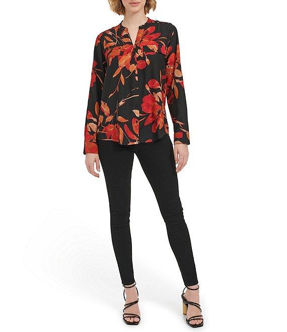 Calvin Klein Printed Split V Neckline Roll Tab Sleeve Top Product Image