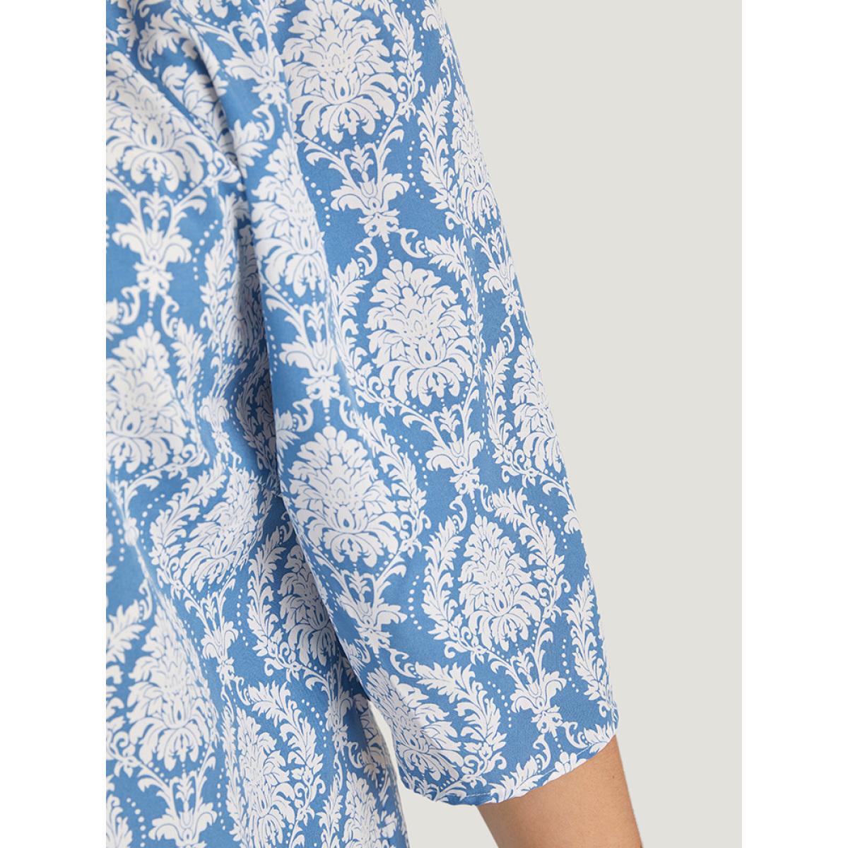 Plus Size Multicolor Boho Print Knot Neck Tassels Puff Sleeve Blouse Women Vacation Elbow-length sleeve Round Neck Dailywear Blouses BloomChic 10/M Product Image