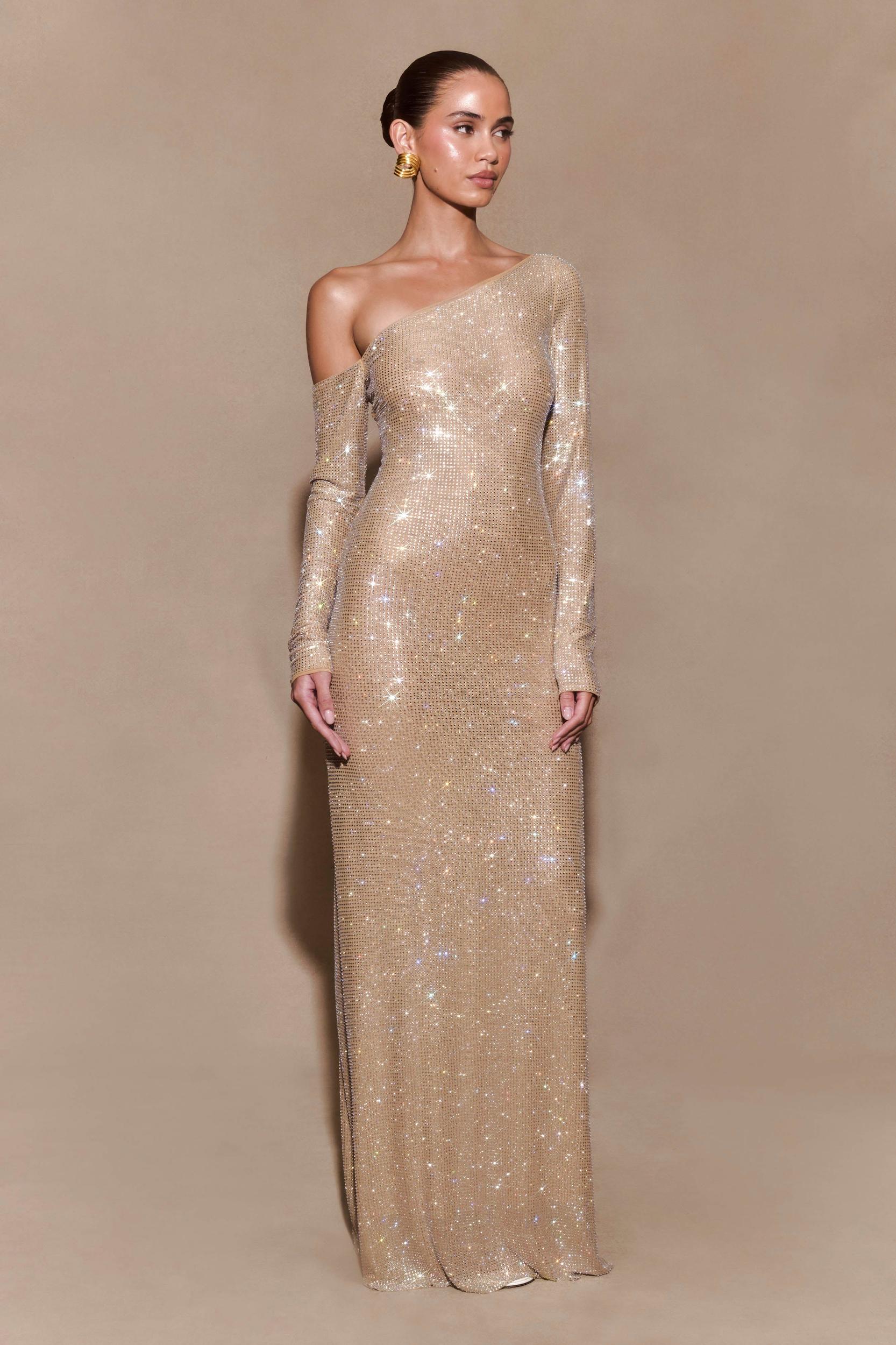 Marcia Diamante Long Sleeve Maxi Dress - Nude Product Image