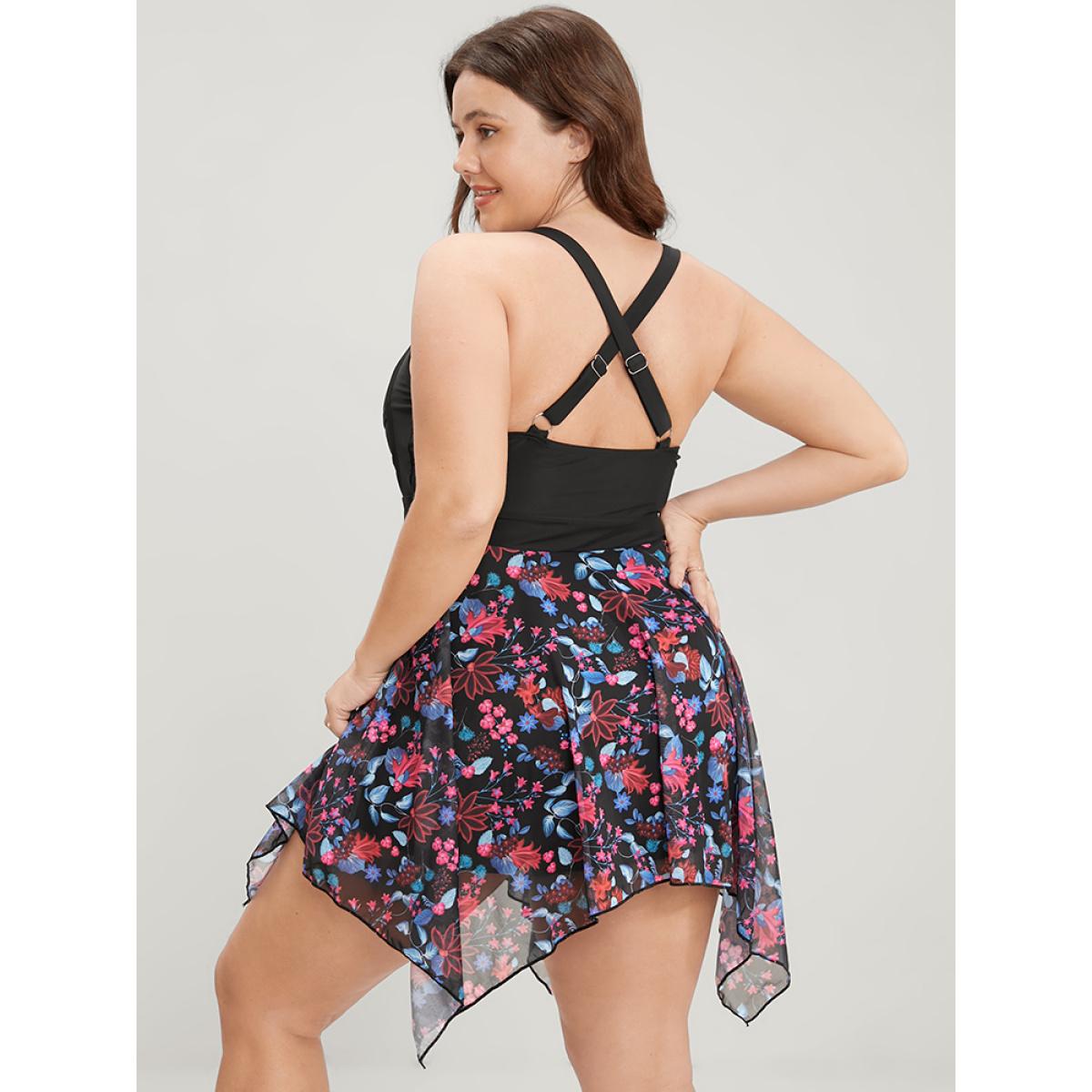 Mesh Adjustable Straps Plus Size Women Tropical Swim Dress Very Stretchy Bodycon Sleeveless V Neck Vacation Swim Dresses BloomChic Product Image