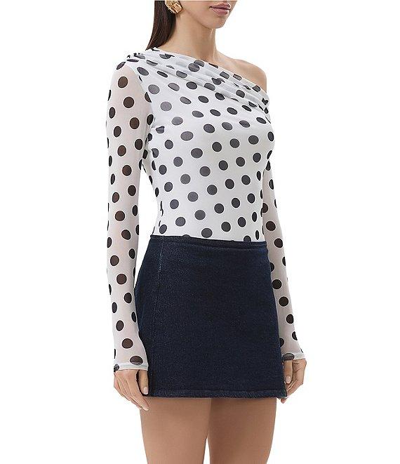 AFRM Barry Dotted Print Mesh Asymmetric Neck Long Sleeve Top Product Image