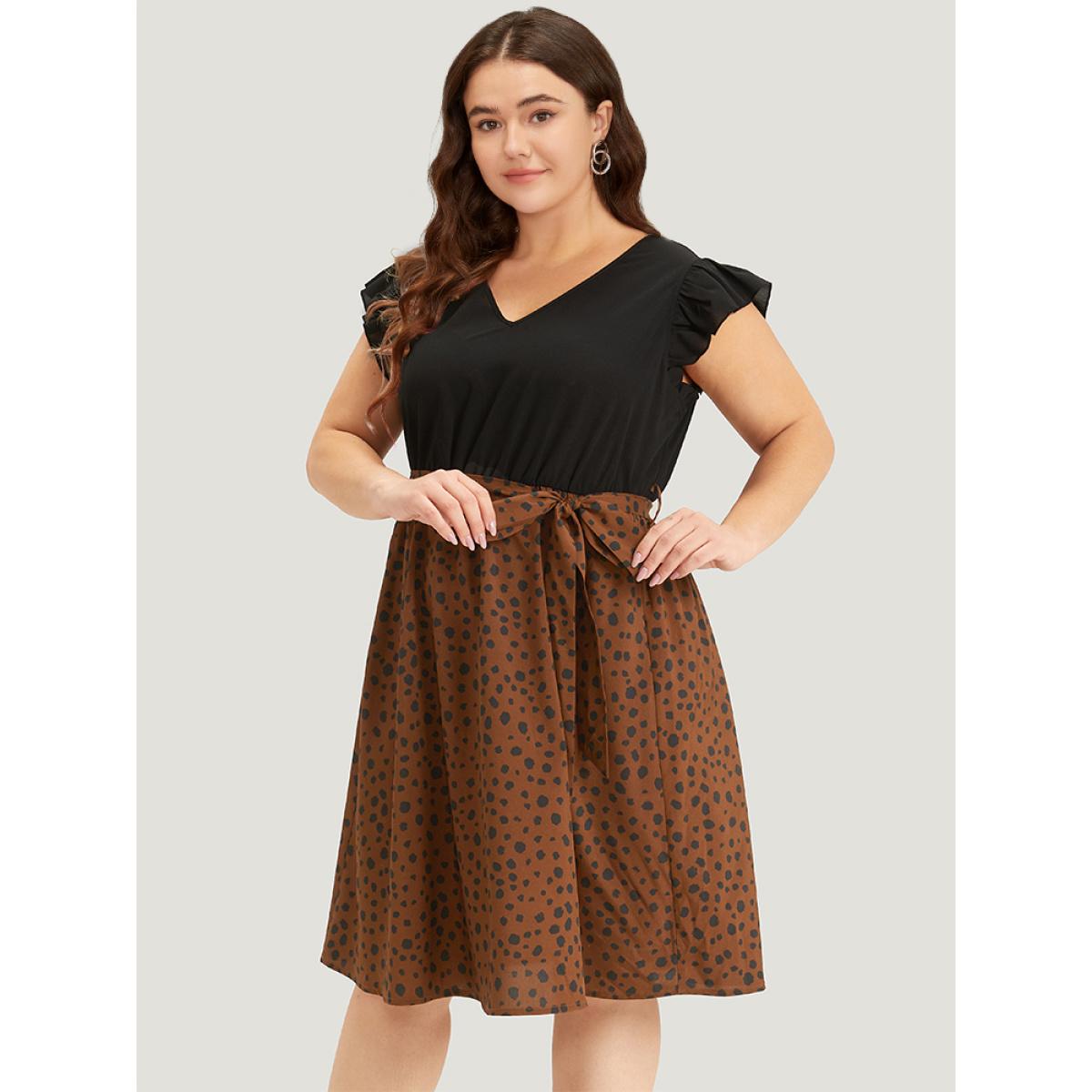 Plus Size Leopard Patchwork Pocket Belt Ruffle Dress DarkBrown Women Elegant Belted V-neck Cap Sleeve Curvy Knee Dress BloomChic 18-20/2X Product Image