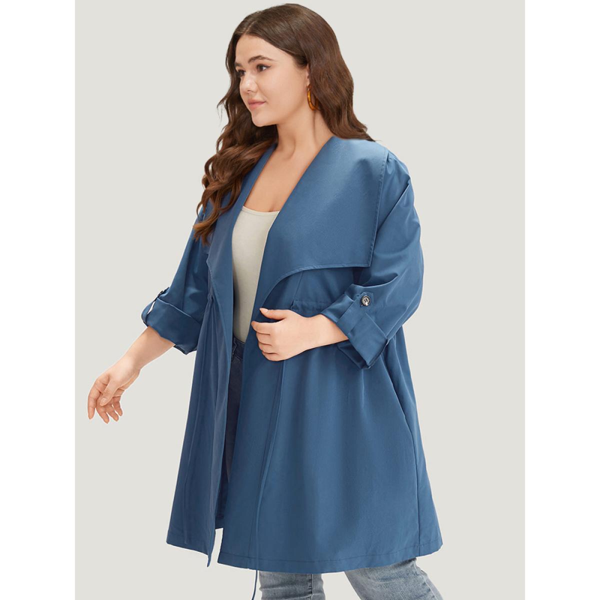 Plus Size Plain Drawstring Pocket Lapel Collar Tab Sleeve Coat Women DarkBlue Office Plain Plain 26/4X Pocket Work From Home Trench Coats BloomChic Product Image