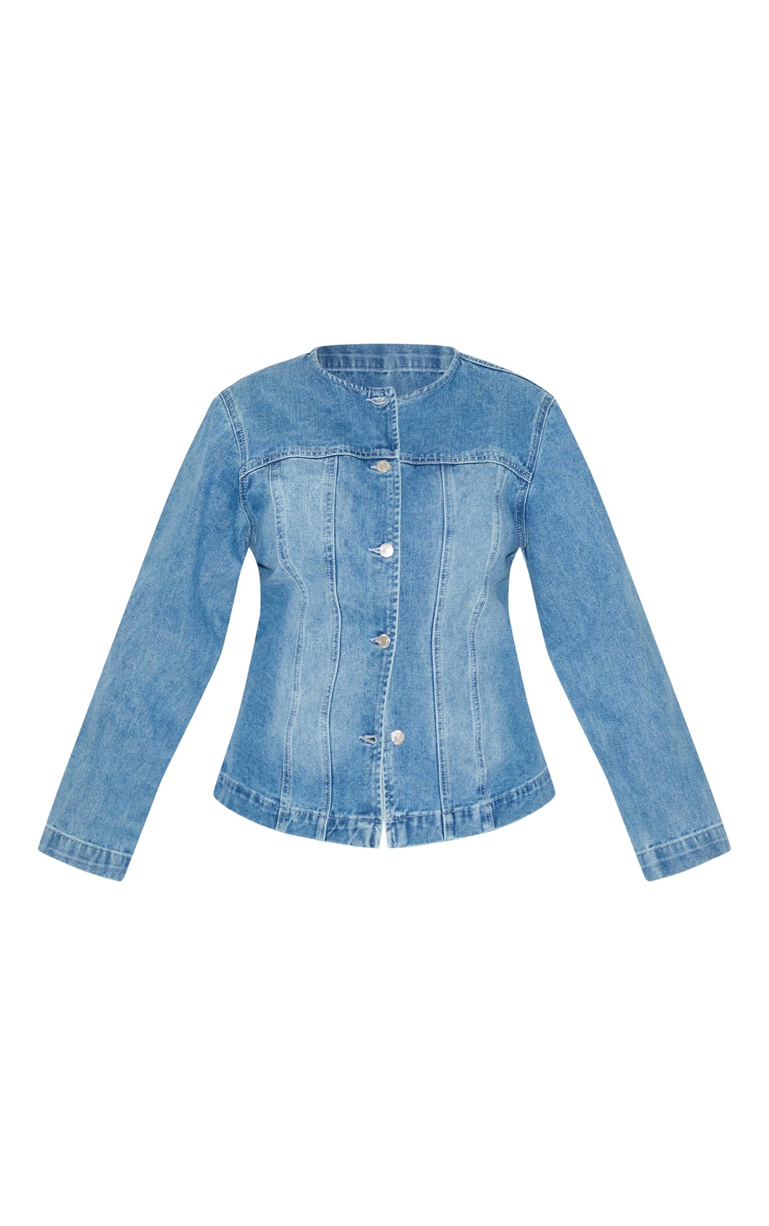 Plus Mid Blue Wash Mid Blue Wash Cinched Round Neck Denim Jacket Product Image