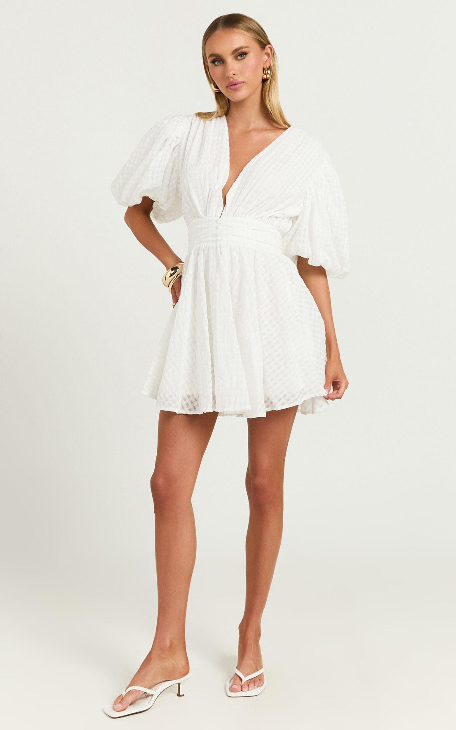 Xandy Mini Dress - Textured Puff Sleeve Plunge Dress in White Product Image