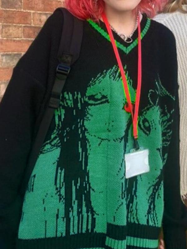 Contrast Color Grimace Jacquard V Neck Knit Sweater Product Image