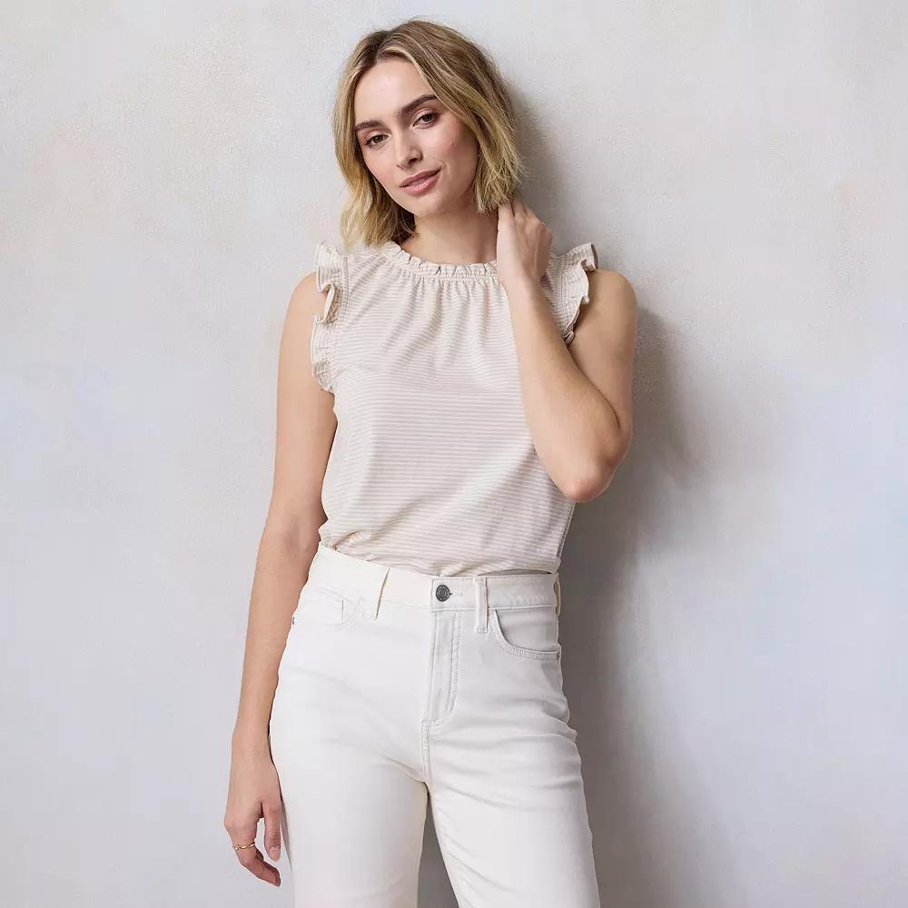 Petite LC Lauren Conrad Ruffle Sleeve Crewneck Top, Women's, Size: Large Petite, Green Amalfi Stripe Product Image