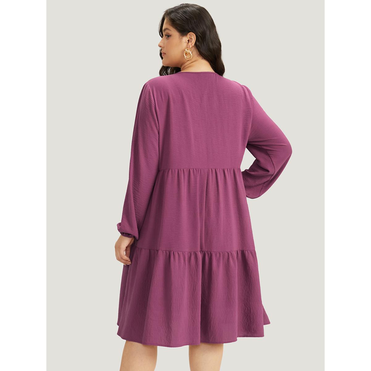 Plus Size Plain Plicated Detail Layered Hem Dress RedViolet Women Elegant Elastic cuffs Round Neck Long Sleeve Curvy Midi Dress BloomChic 10/M Product Image