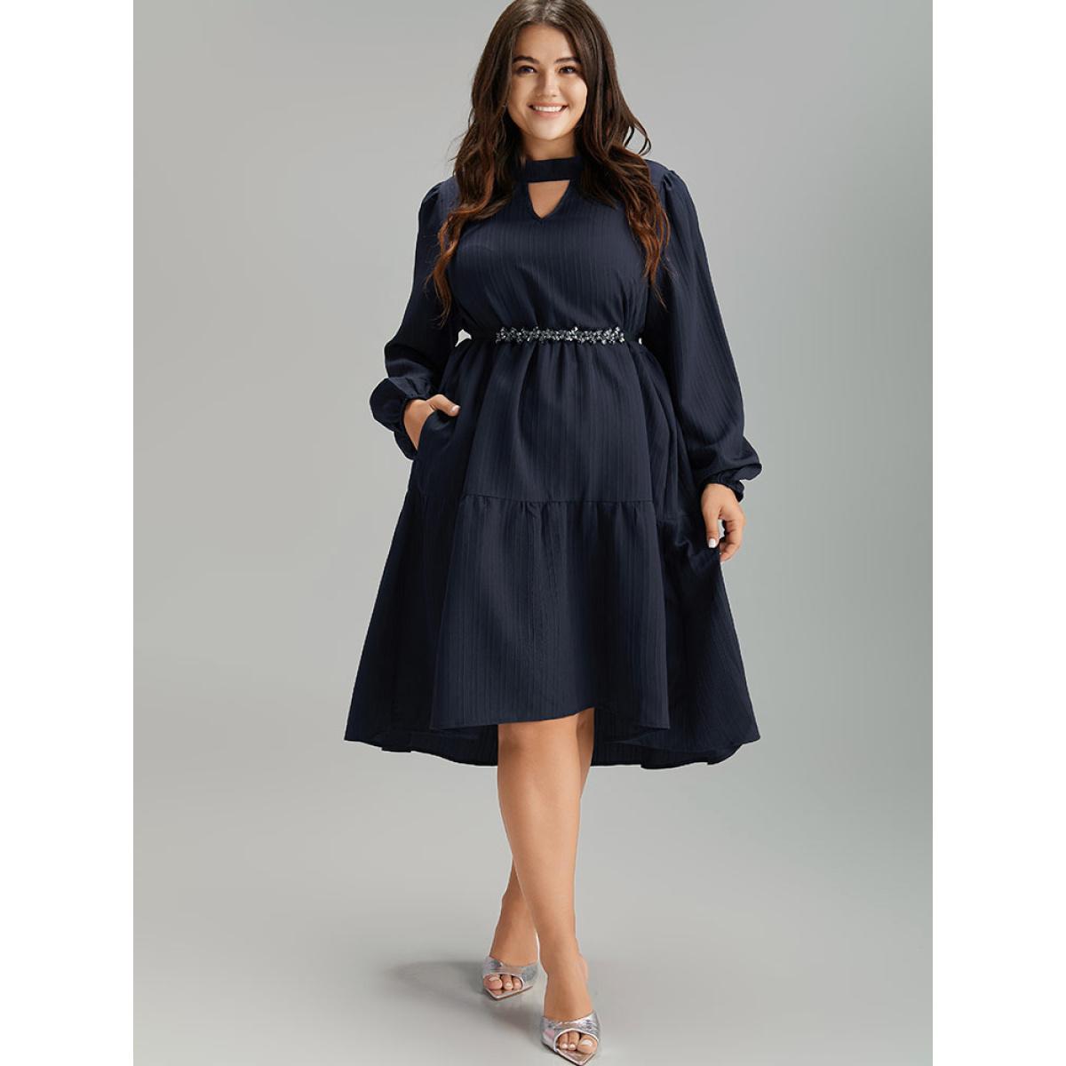 Plus Size Solid Cut Out Lantern Sleeve Dress DarkBlue Women Elegant Elastic cuffs Keyhole Cut-Out Long Sleeve Curvy Midi Dress BloomChic 14-16/1X Product Image