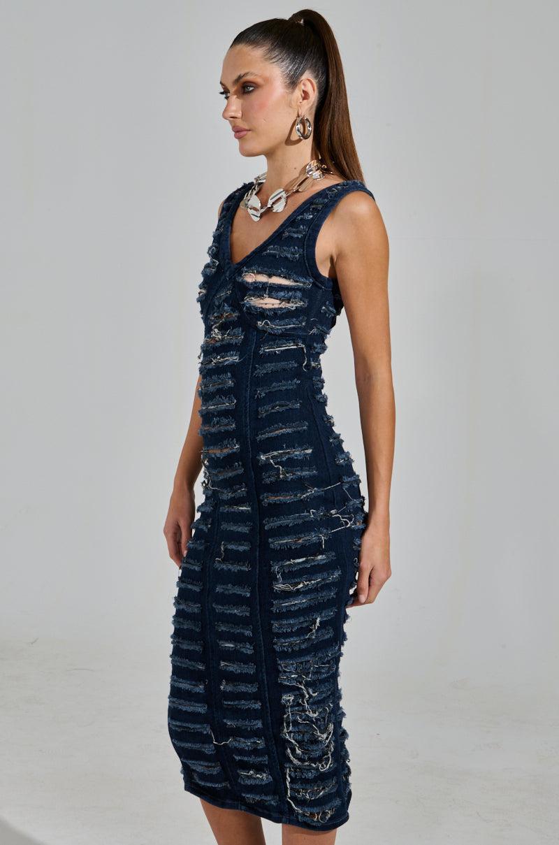 SHE'S GOT IT SHREDDED DENIM MIDI DRESS IN DARK BLUE Product Image