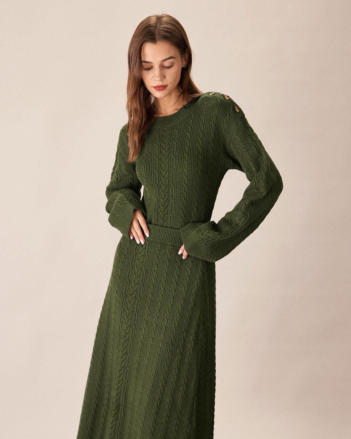 Green Elastic Waist Knit Midi Skirt Product Image