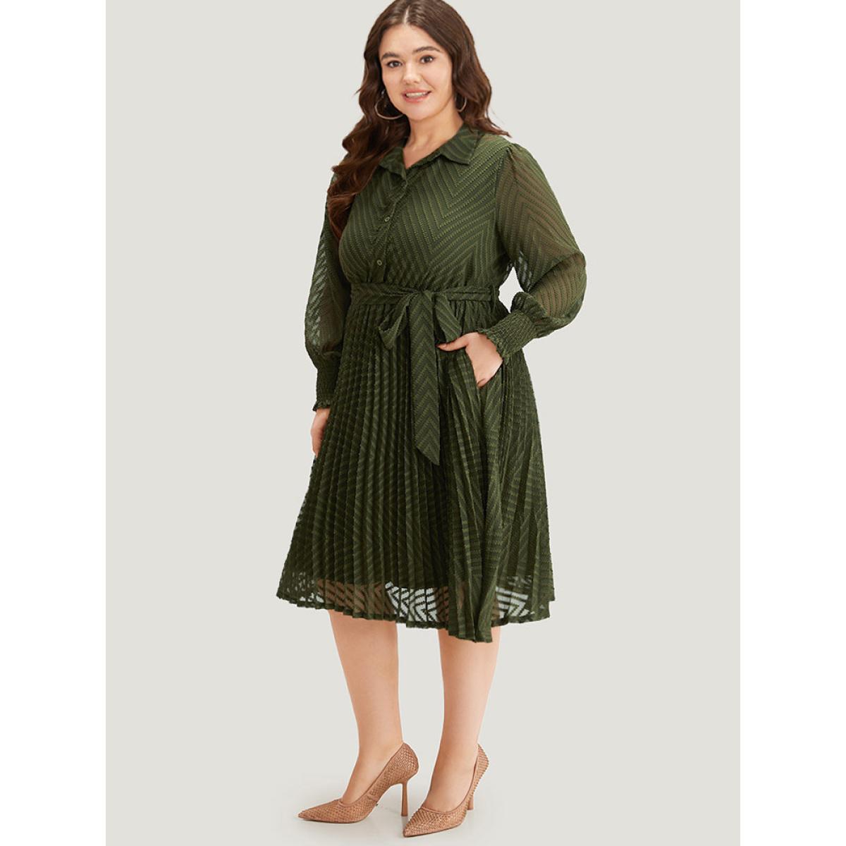 Plus Size Shirred Belted Pocket Shirt Collar Button Through Dress ArmyGreen Women Office Elastic cuffs Shirt collar Long Sleeve Curvy Midi Dress BloomChic 18-20/2X Product Image
