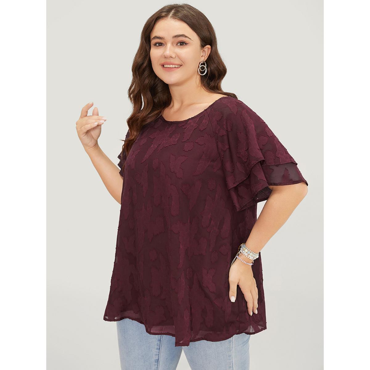 Plus Size Scarlet Floral Print Ruffle Tiered Raglan Sleeve Mesh Blouse Women Elegant Short sleeve Round Neck Everyday Blouses BloomChic 26/4X Product Image