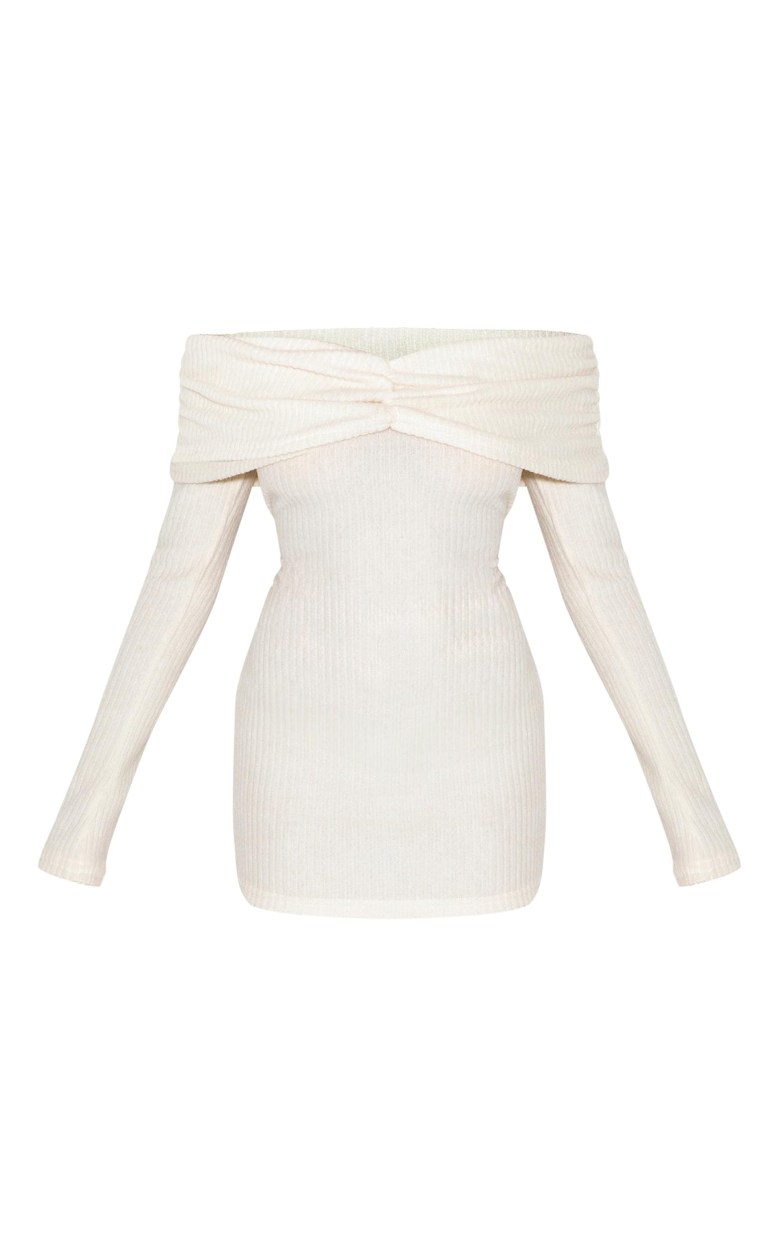 Cream Brushed Rib Bardot Long Sleeve Bodycon Dress Product Image