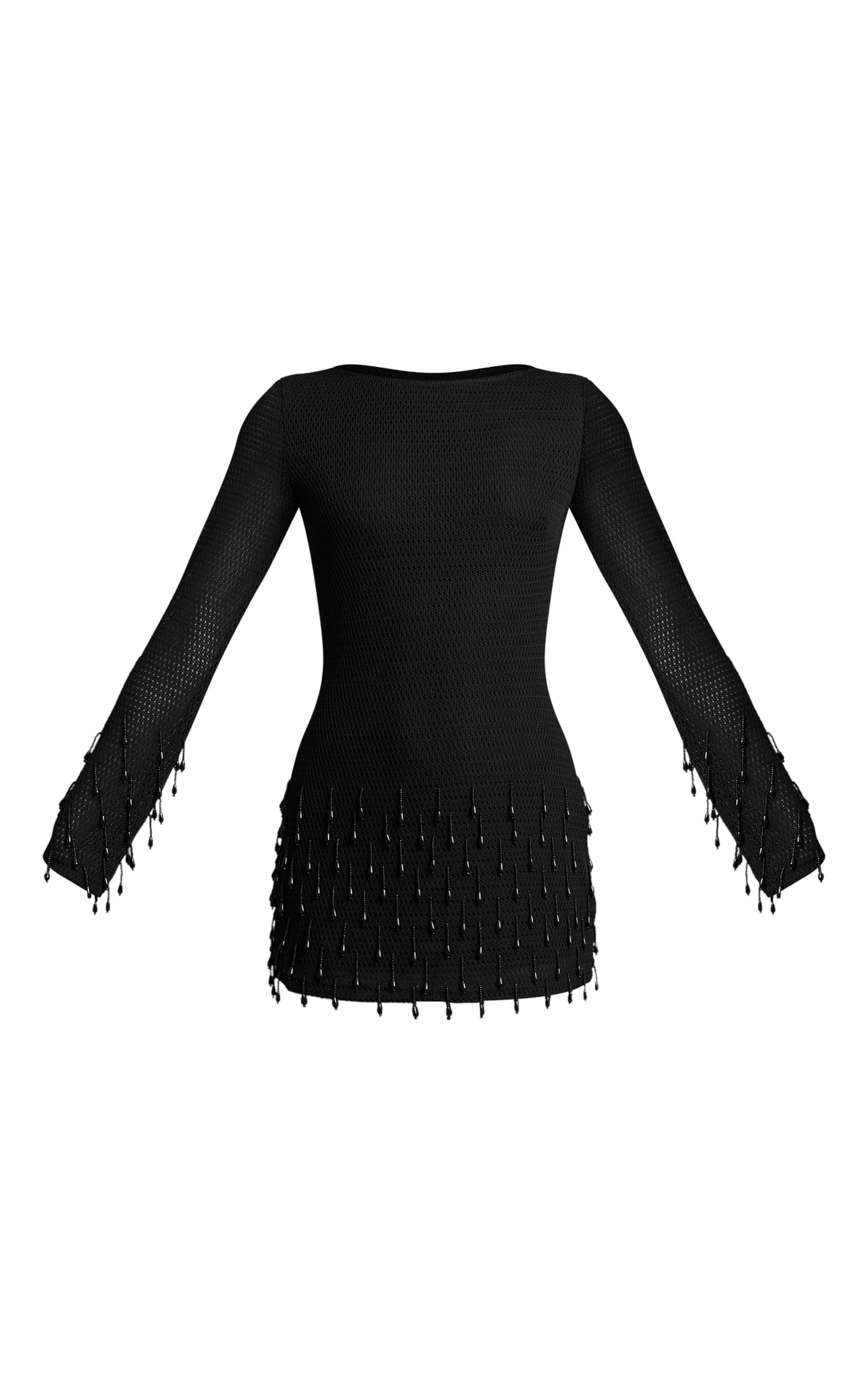 Black Textured Long Sleeve Pearl Detail Mini Dress Product Image