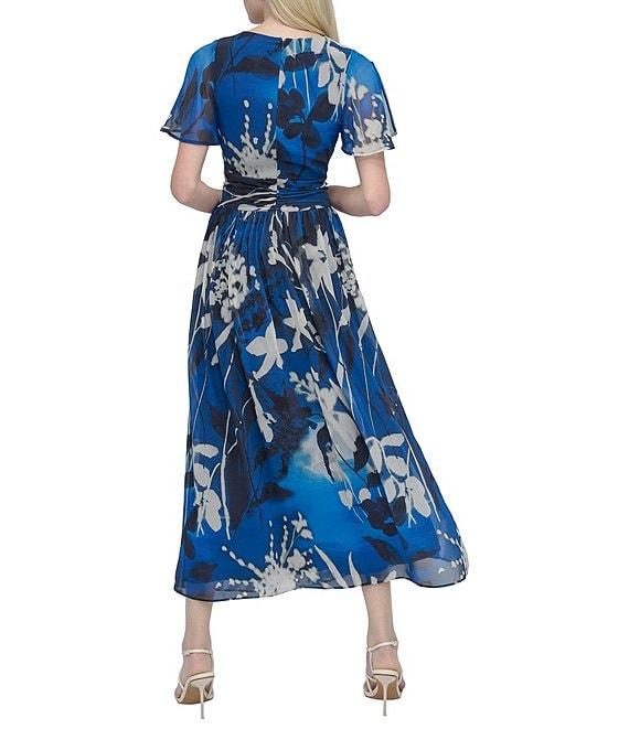DKNY by Donna Karan Chiffon Floral Print V Neck Short Sleeve Sheath Maxi Dress Product Image