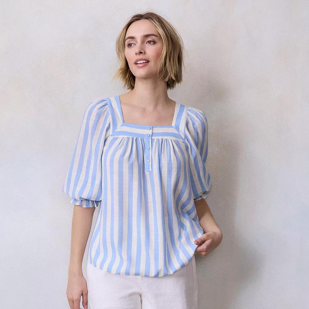 Women's LC Lauren Conrad Henley Puff Sleeve Peasant Top, Size: XS, Chandail Stripe Product Image