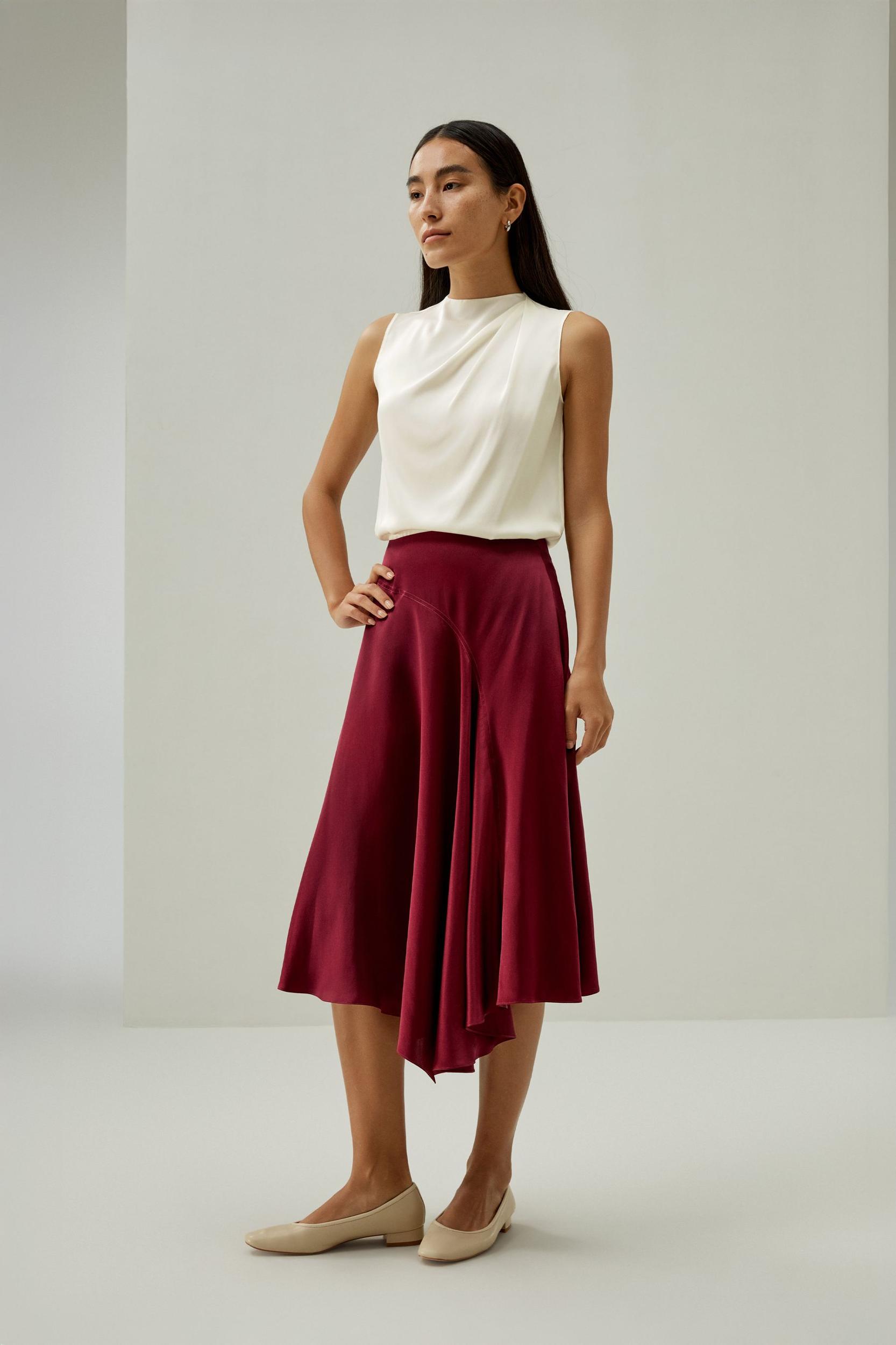 LILYSILK Women's Asymmetrical Silk Skirt, Cherry Red, Size 6, Elegant Flared Hem, Calf-Length, Side Zipper Product Image