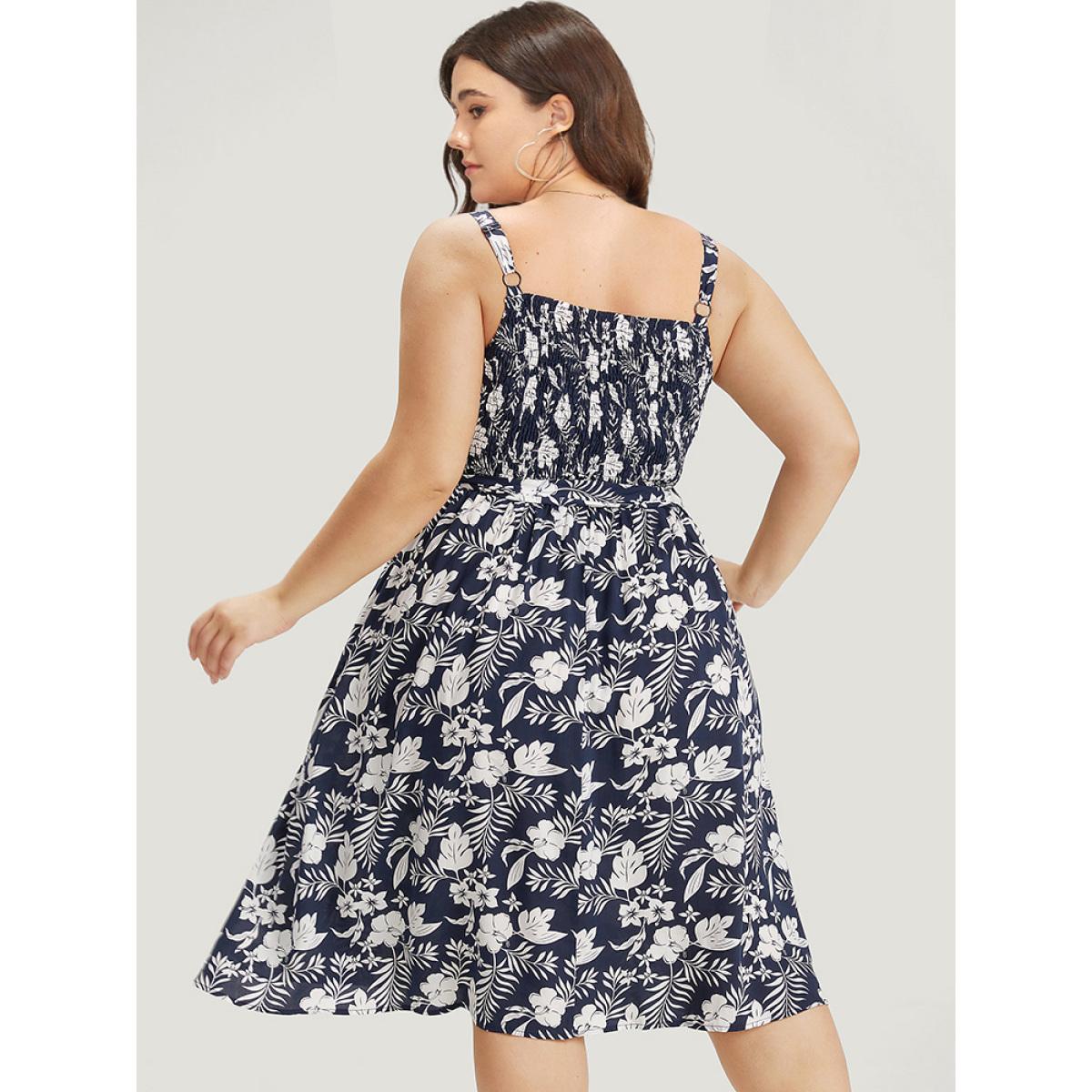 Plus Size Floral Print Spaghetti Strap Shirred Belted Pocket Dress DarkBlue Women Elegant Belted Spaghetti Strap Sleeveless Curvy Midi Dress BloomChic 30/6X Product Image