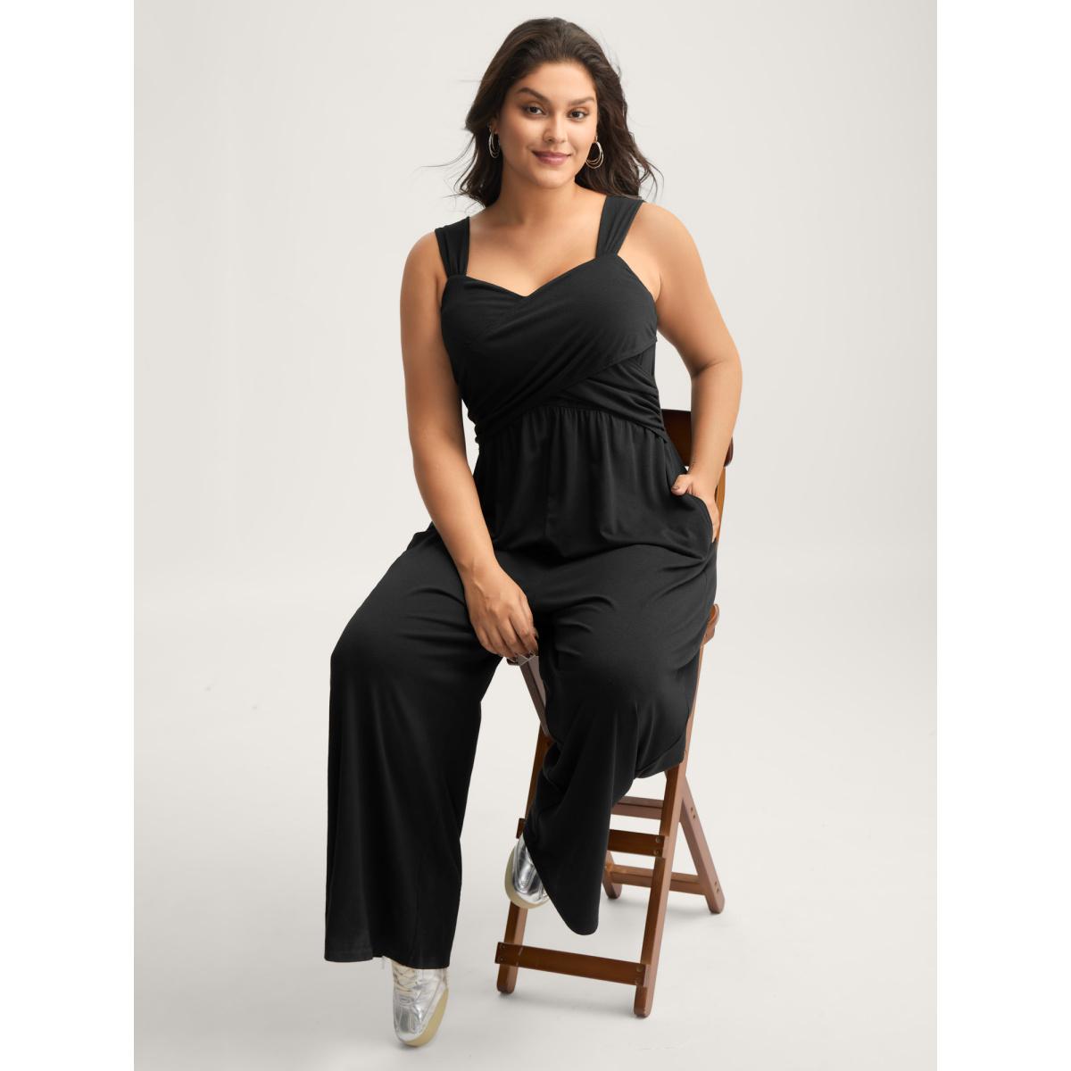 Plus Size Black Overlap Bodice Wide Straps Jumpsuit Women Sleeveless Overlap Collar Everyday-Casual Loose Jumpsuits BloomChic 28/5X Product Image