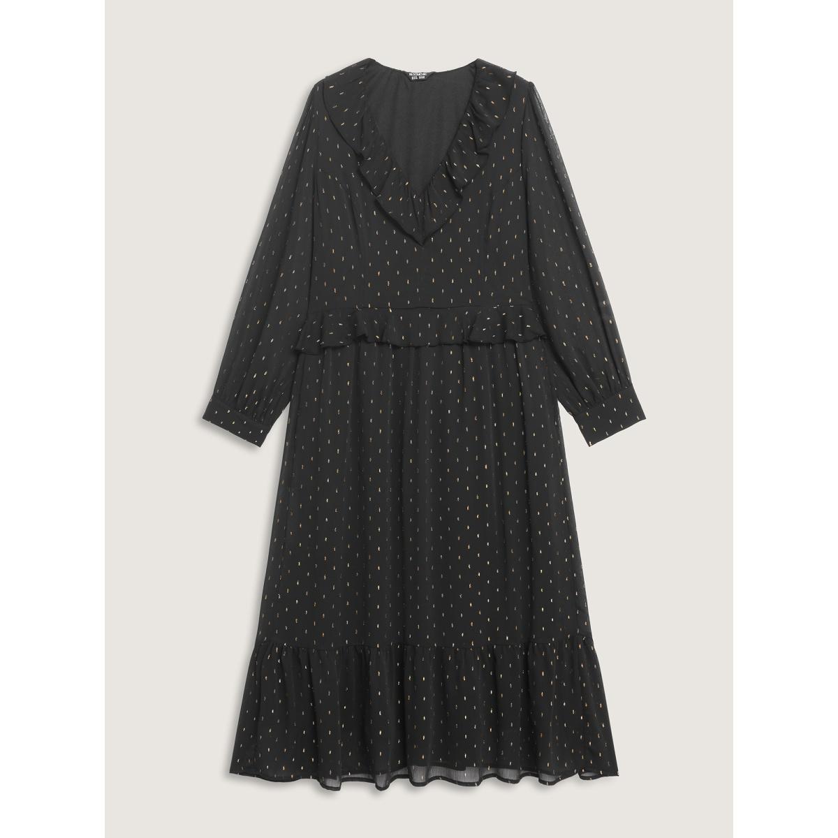 Plus Size Gold Stamp Ruffled Neck Maxi Dress Black Women Party&Cocktail V-neck Extra Long Sleeve Curvy BloomChic 14-16/1X Product Image