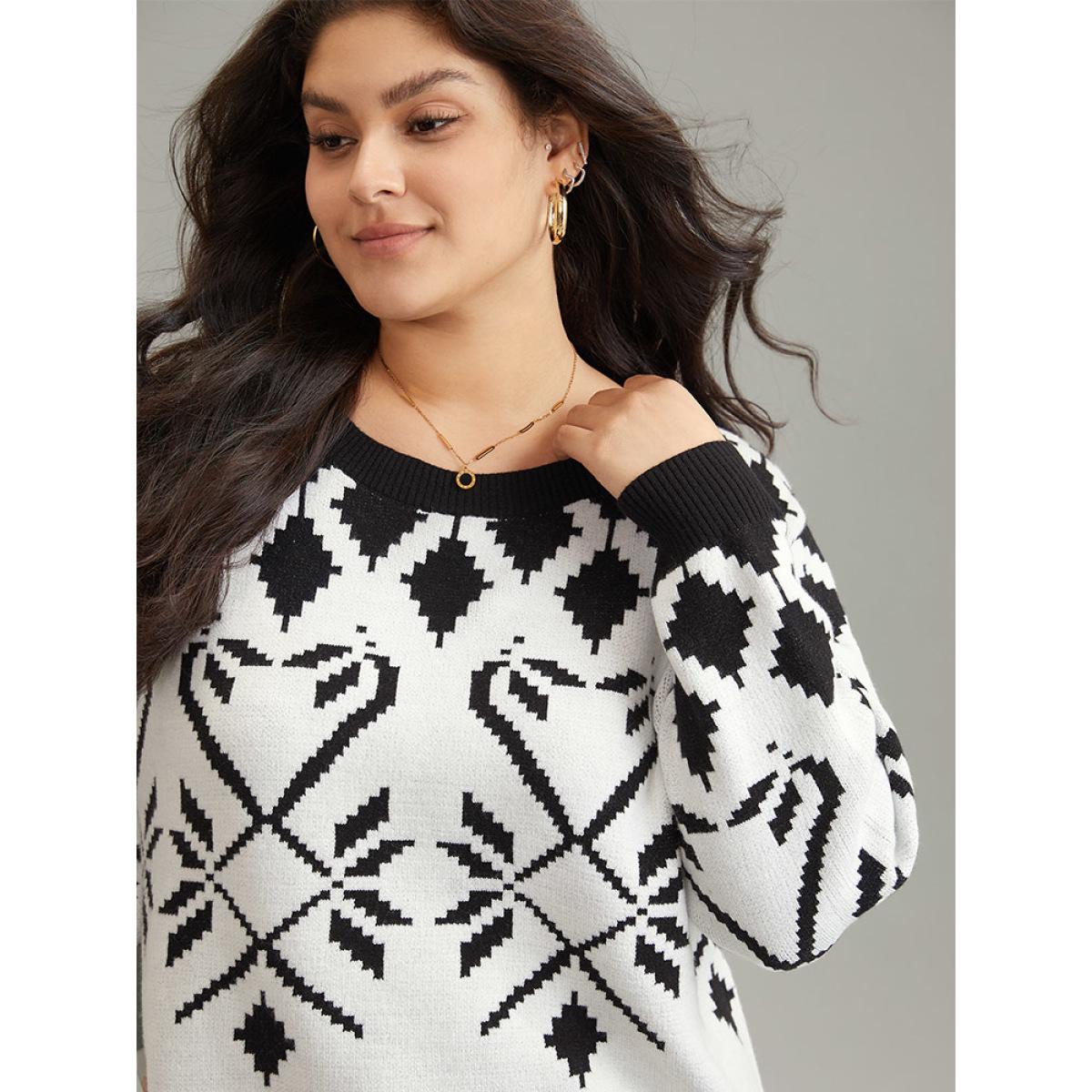 Plus Size Supersoft Essentials Geometric Jacquard Crew Neck Pullover Black Women Casual Loose Long Sleeve Round Neck Dailywear Pullovers BloomChic 14-16/1X Product Image