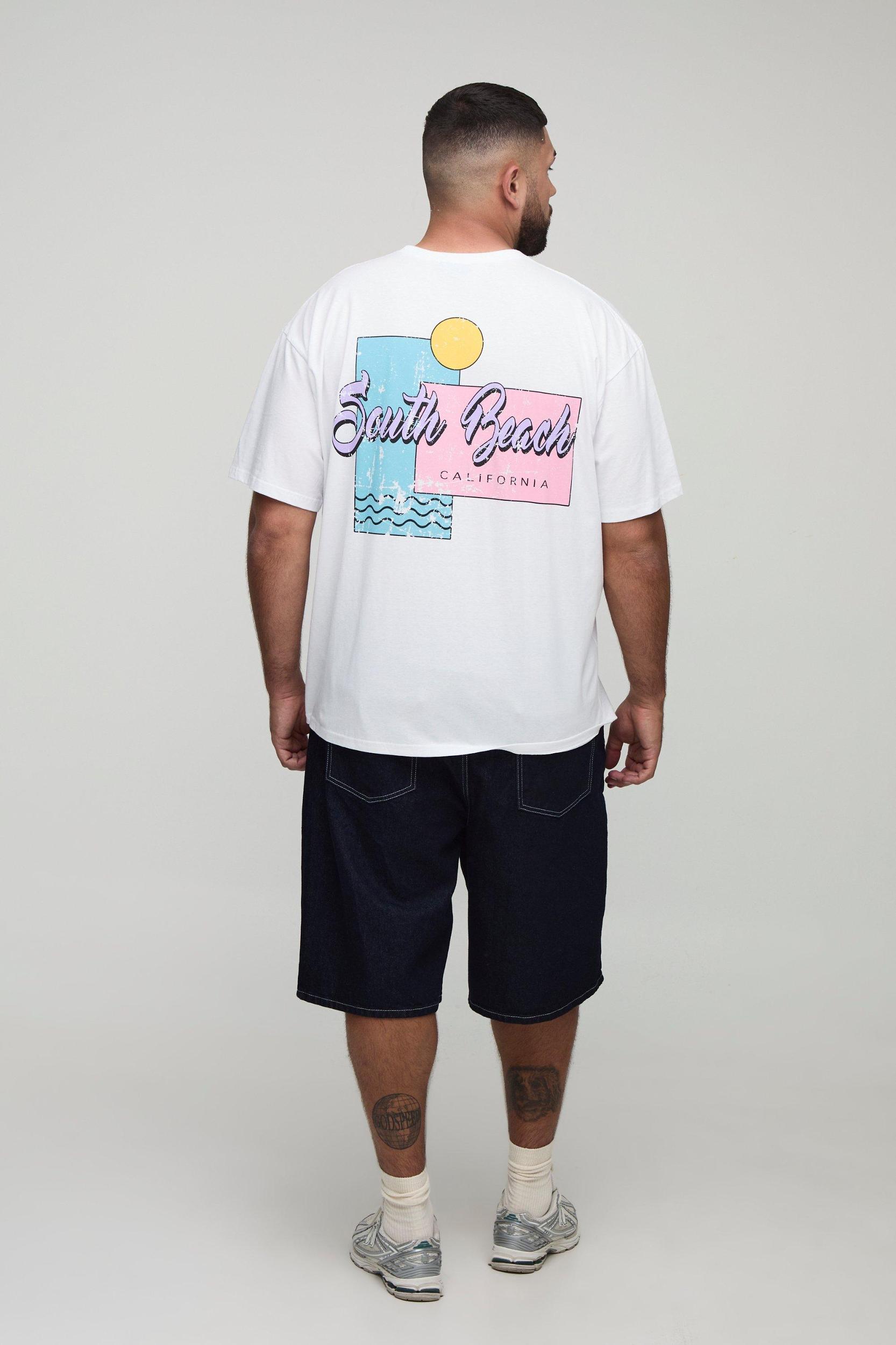 Plus Oversized South Beach Retro Print T-Shirt | boohooMAN USA Product Image