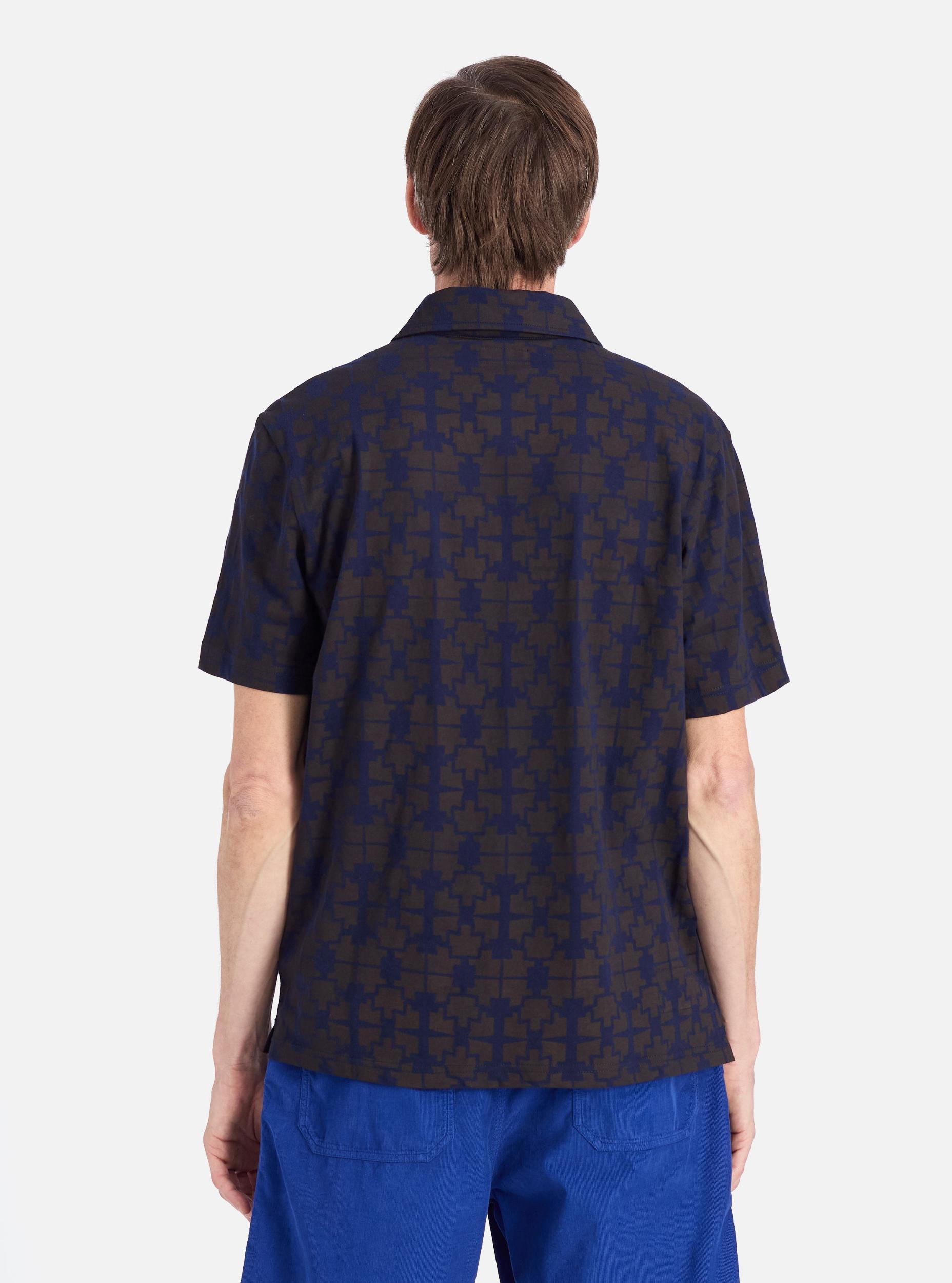 Universal Works Newlyn Polo Tee in Navy/Brown Mitla Print Jersey Product Image