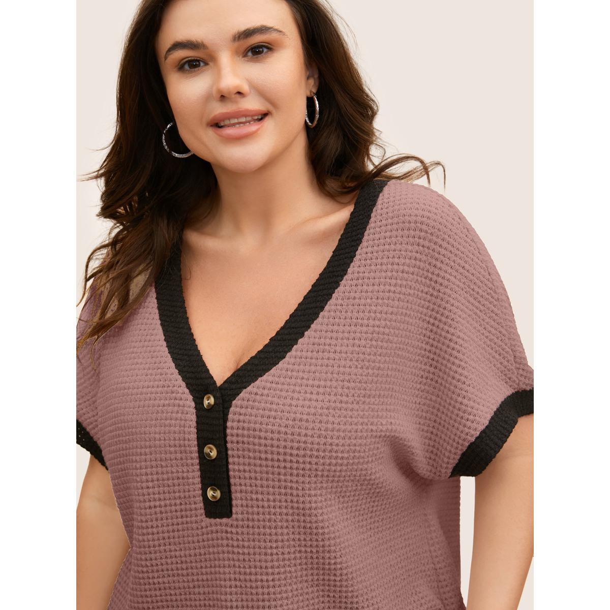Plus Size V Neck Contrast Button Detail Knit T-shirt DustyPink Women Casual Texture V-neck Everyday T-shirts BloomChic 22-24/3X Product Image