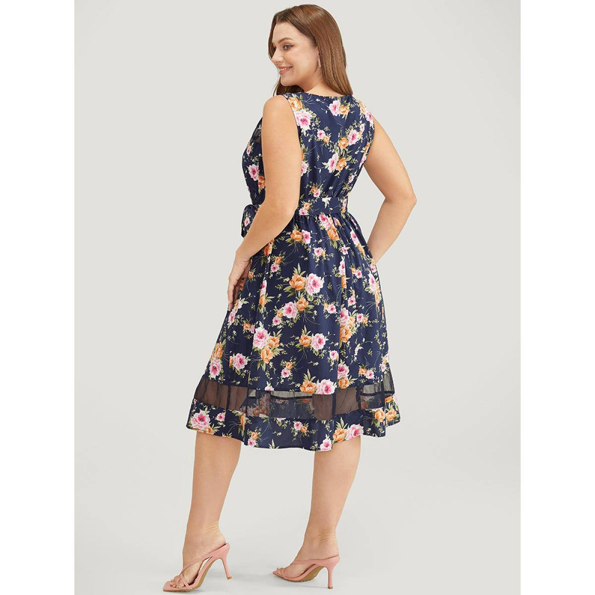 Plus Size Floral Pocket Belted Mesh Insert Flutter Hem Tank Dress Multicolor Women Elegant Belted Round Neck Sleeveless Curvy Knee Dress BloomChic 28/5X Product Image
