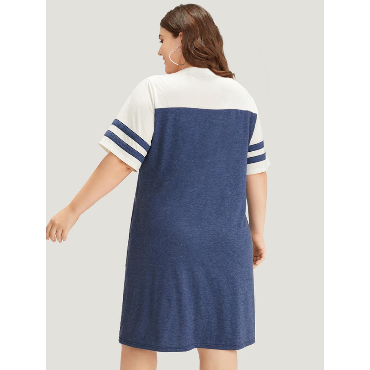 Plus Size Supersoft Essentials Striped Pocket Patchwork Lace Up Dress Indigo Women Casual Cross straps V-neck Short sleeve Curvy Knee Dress BloomChic 22-24/3X Product Image