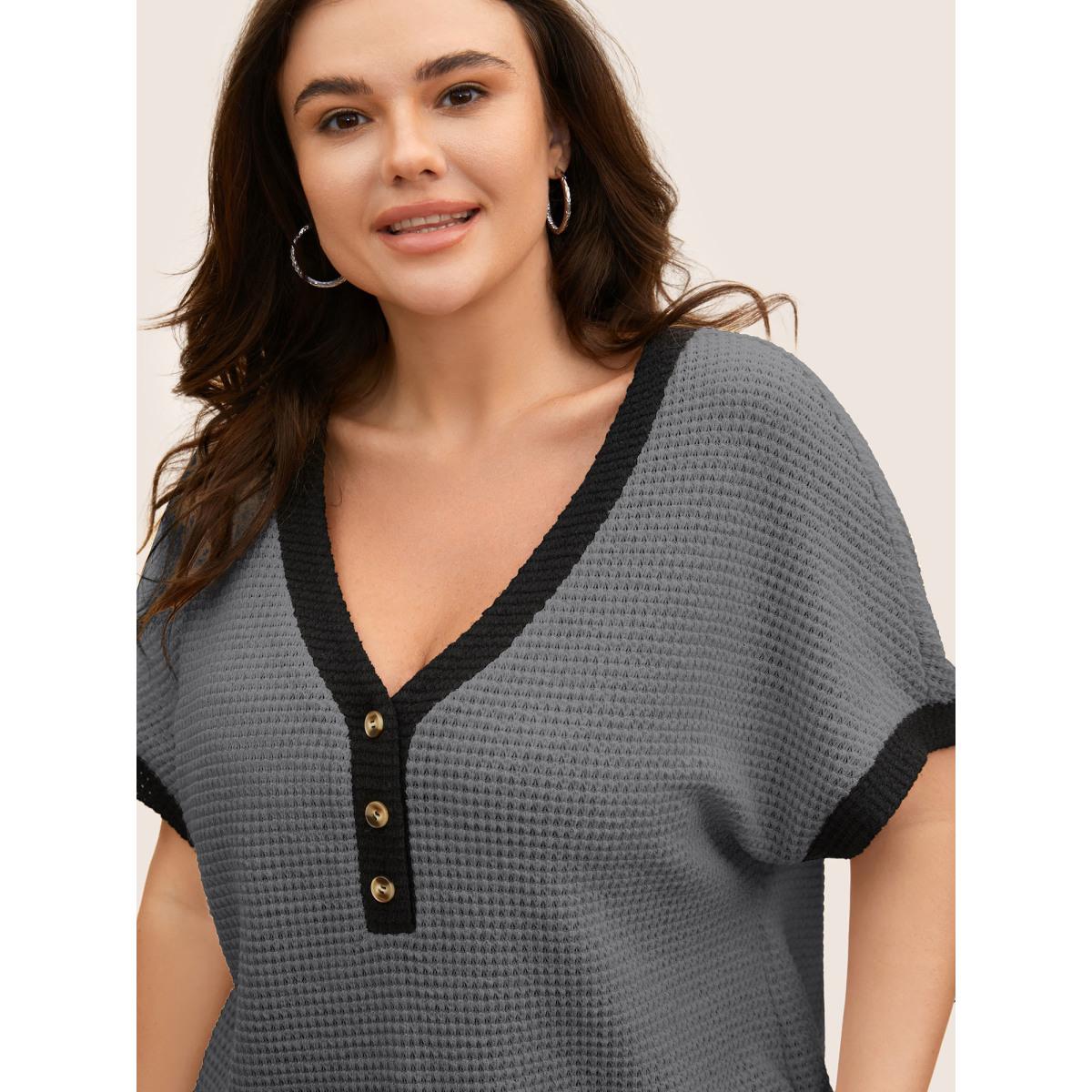 Plus Size V Neck Contrast Button Detail Knit T-shirt DimGray Women Casual Texture V-neck Everyday T-shirts BloomChic 14-16/1X Product Image