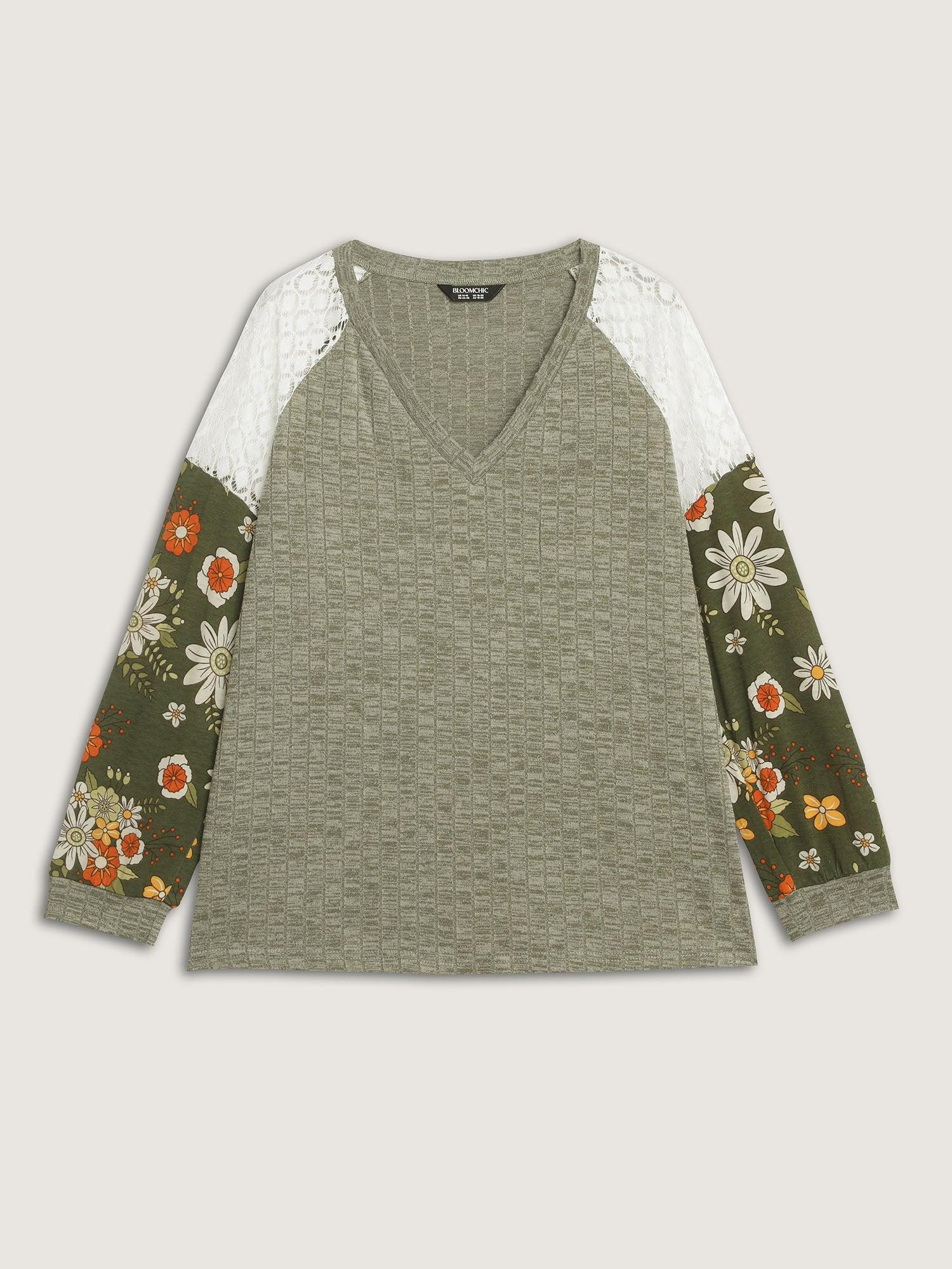 Mixed Floral Print Ribbed V-Neck Sweatshirt Female Product Image