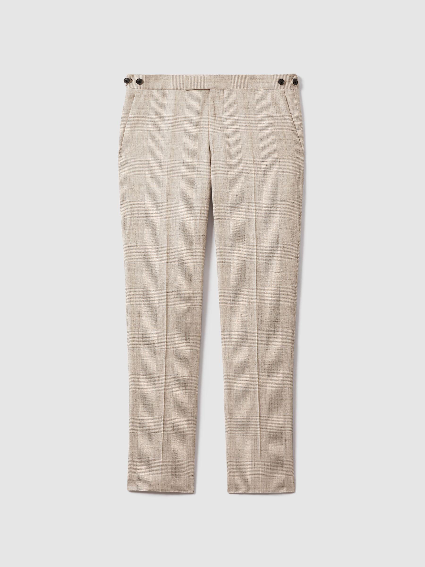 Slim Fit Linen Blend Check Trousers in Oatmeal Product Image