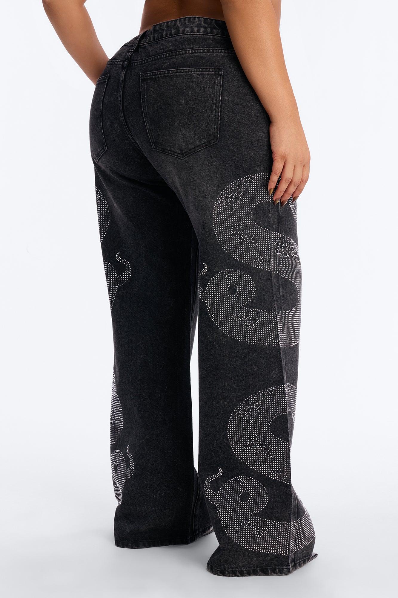 Westside Snake Embellished Low Rise Wide Leg Jean - Black Wash Female Product Image