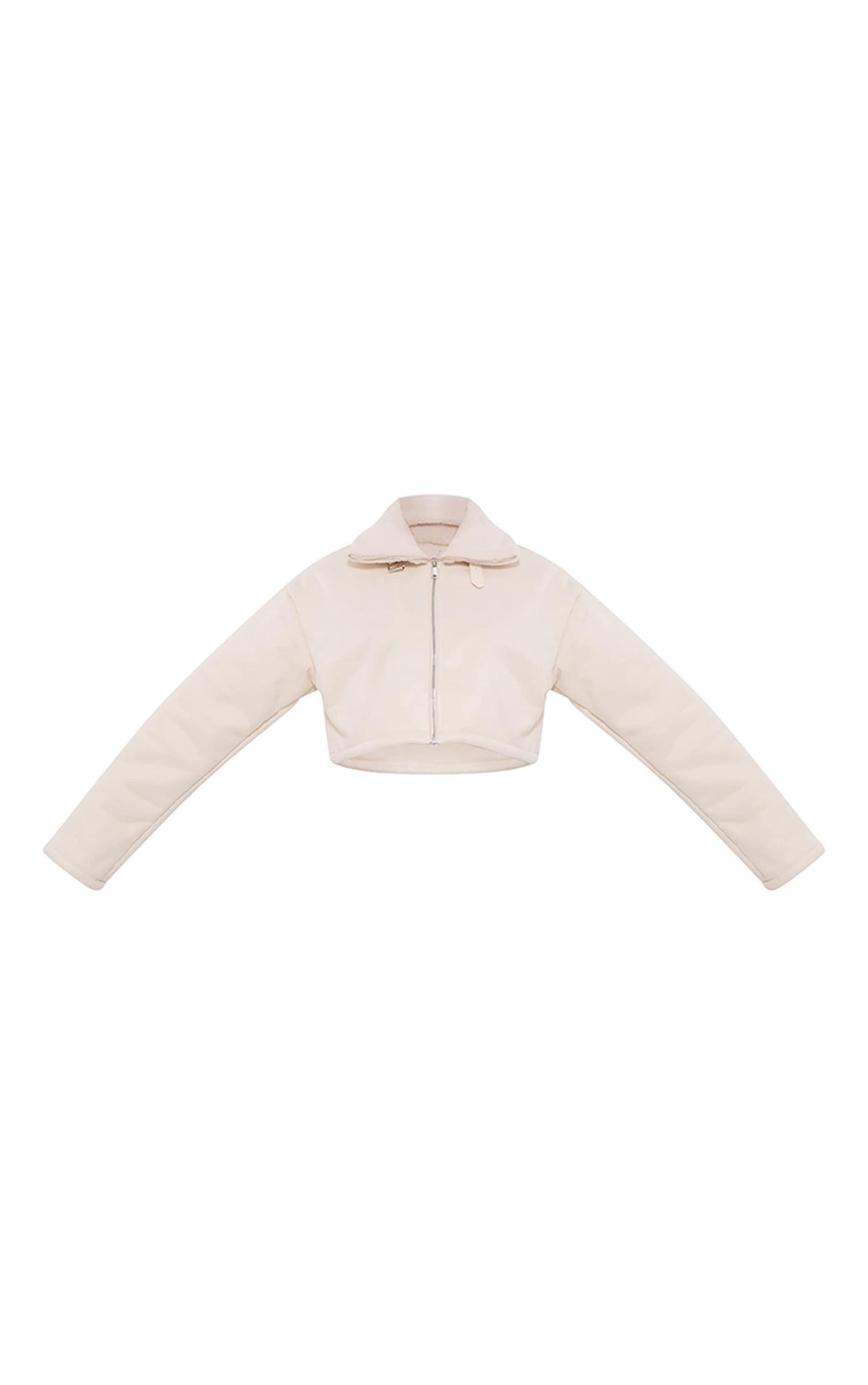 Cream Dropped Shoulder Cropped Fur Contrast Jacket Product Image