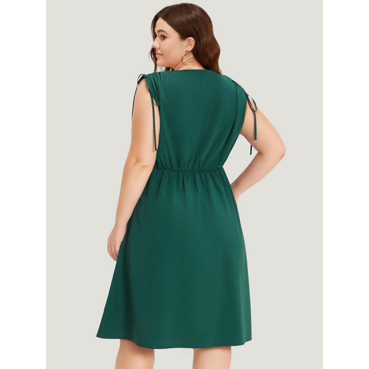 Plus Size Supersoft Essentials Drawstring Pocket Gathered Ruffle Hem Dress Green Women Elegant Drawstring V-neck Sleeveless Curvy Midi Dress BloomChic 18-20/2X Product Image