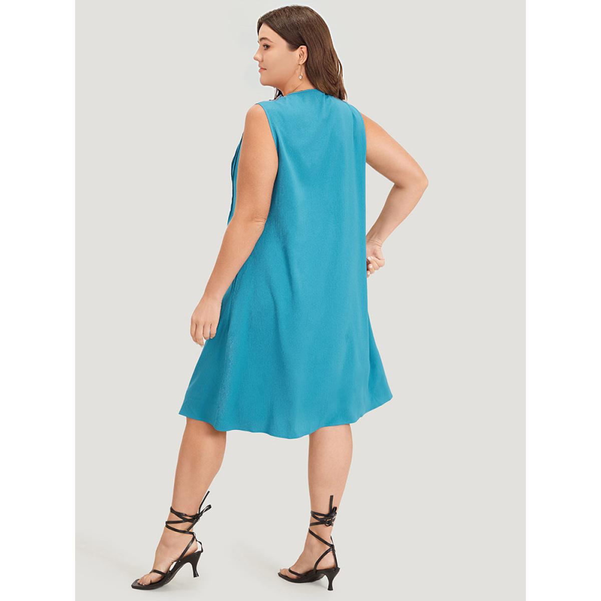 Plus Size Solid Plicated Detail Button Through Tank Dress Cerulean Women Vacation Button V-neck Sleeveless Curvy Knee Dress BloomChic 12/L Product Image