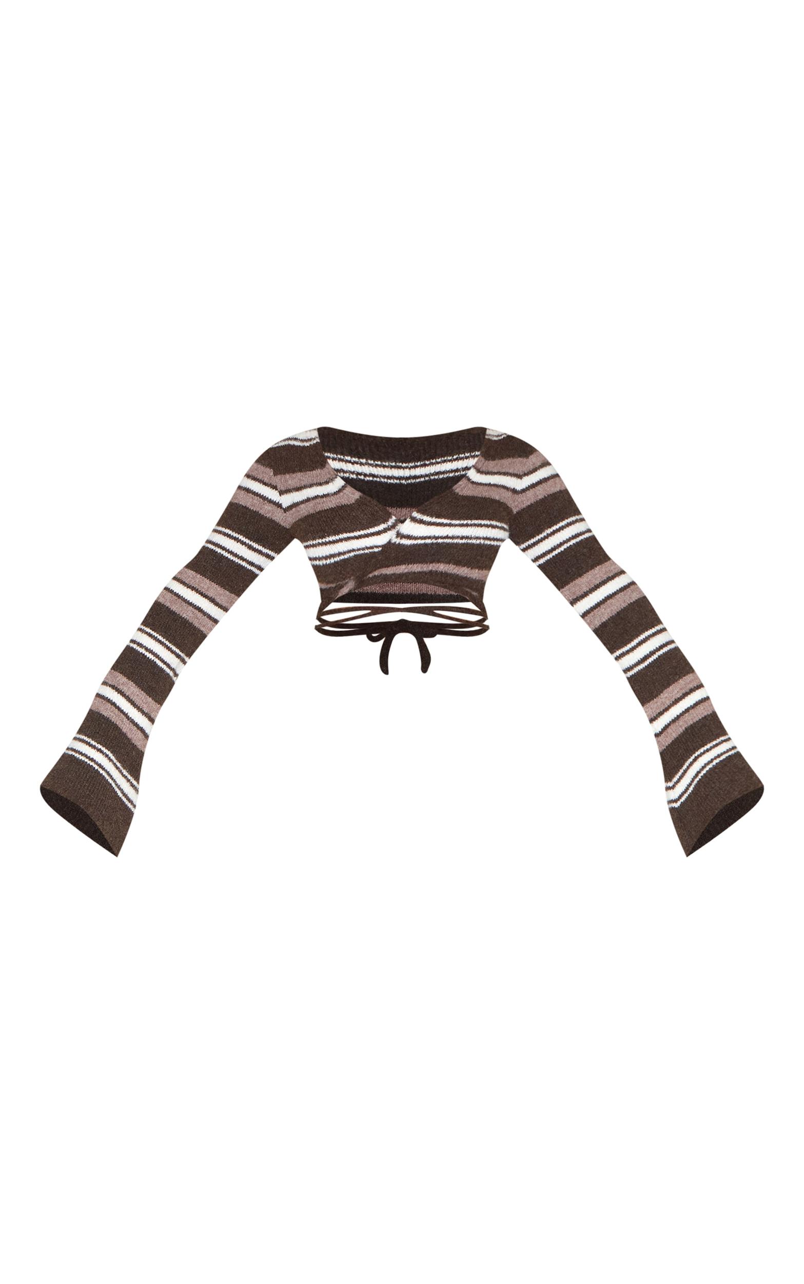 Shape Chocolate Brushed Striped Knit Tie Front Top Product Image