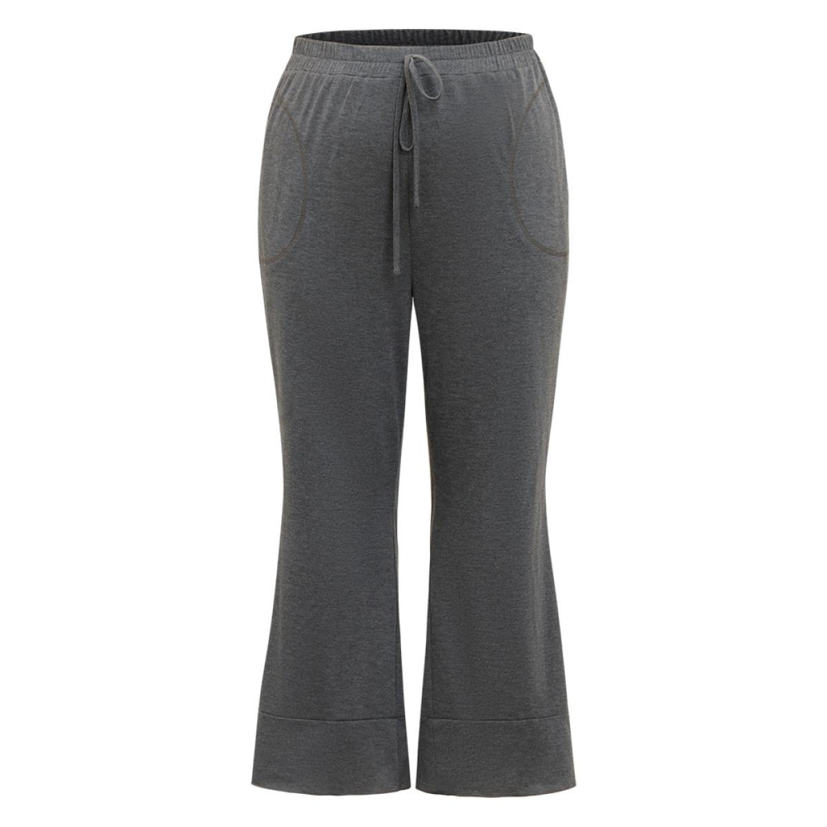 Plus Size Solid Pocket Knotted Flare Leg Pants Women Gray Casual Flare Leg High Rise Dailywear Pants BloomChic 10/M Product Image