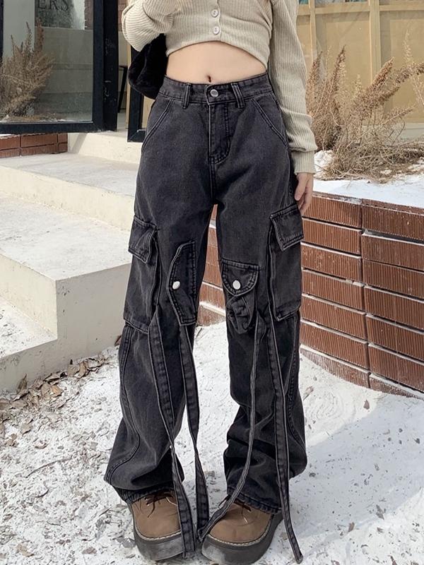 Vintage Wash High Rise Multi Pocket Cargo Jeans Product Image