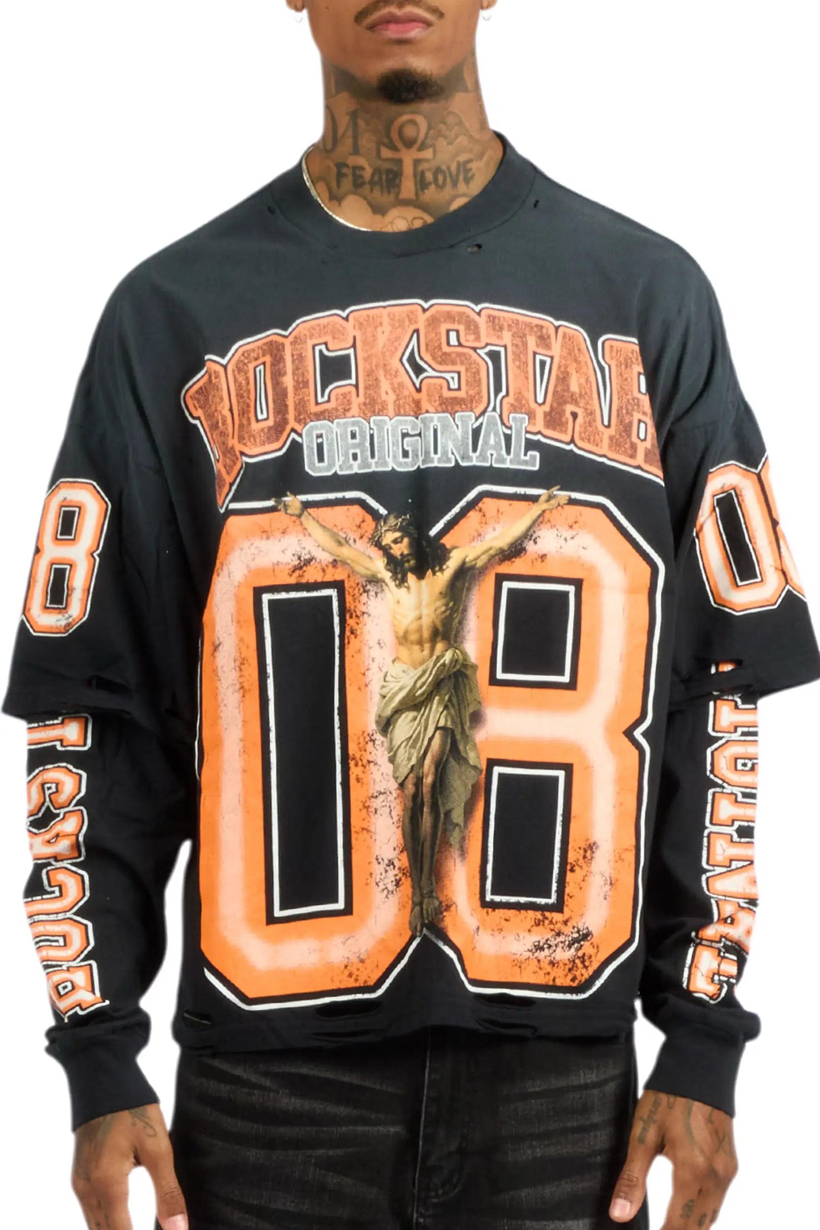 Fields Black/Orange Double Layer Long Sleeve Graphic T-Shirt Male Product Image