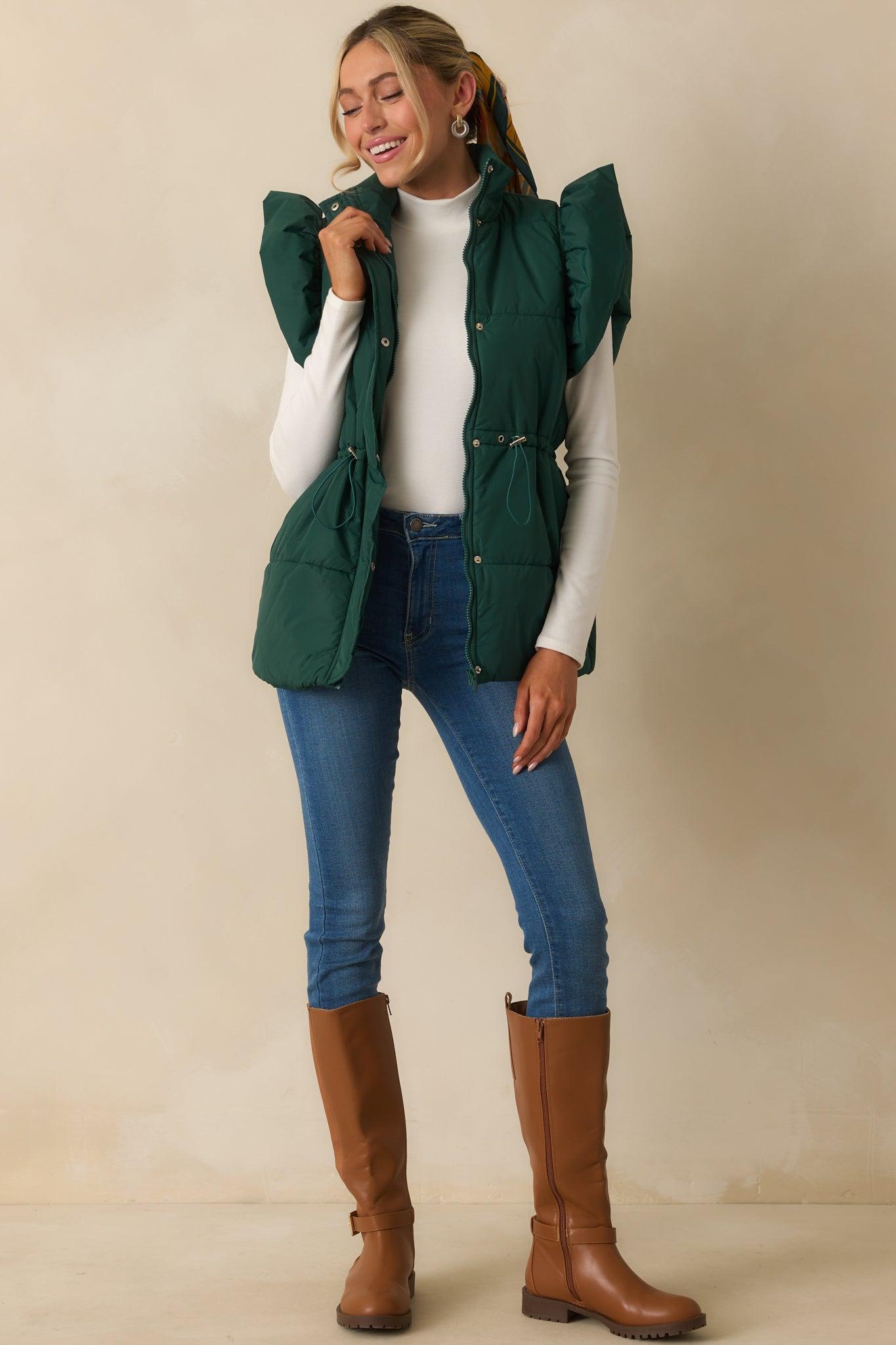 Cherry On Top Forest Green Flutter Sleeve Puffer Vest Product Image