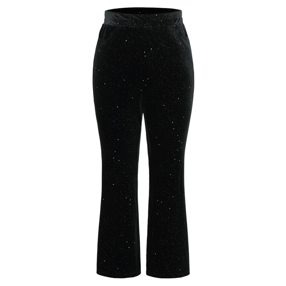 Plus Size Velvet Glitter Patchwork Pocket Flare Leg Pants Women Black Glamour Flare Leg High Rise Festival-Christmas Pants BloomChic 22-24/3X Product Image