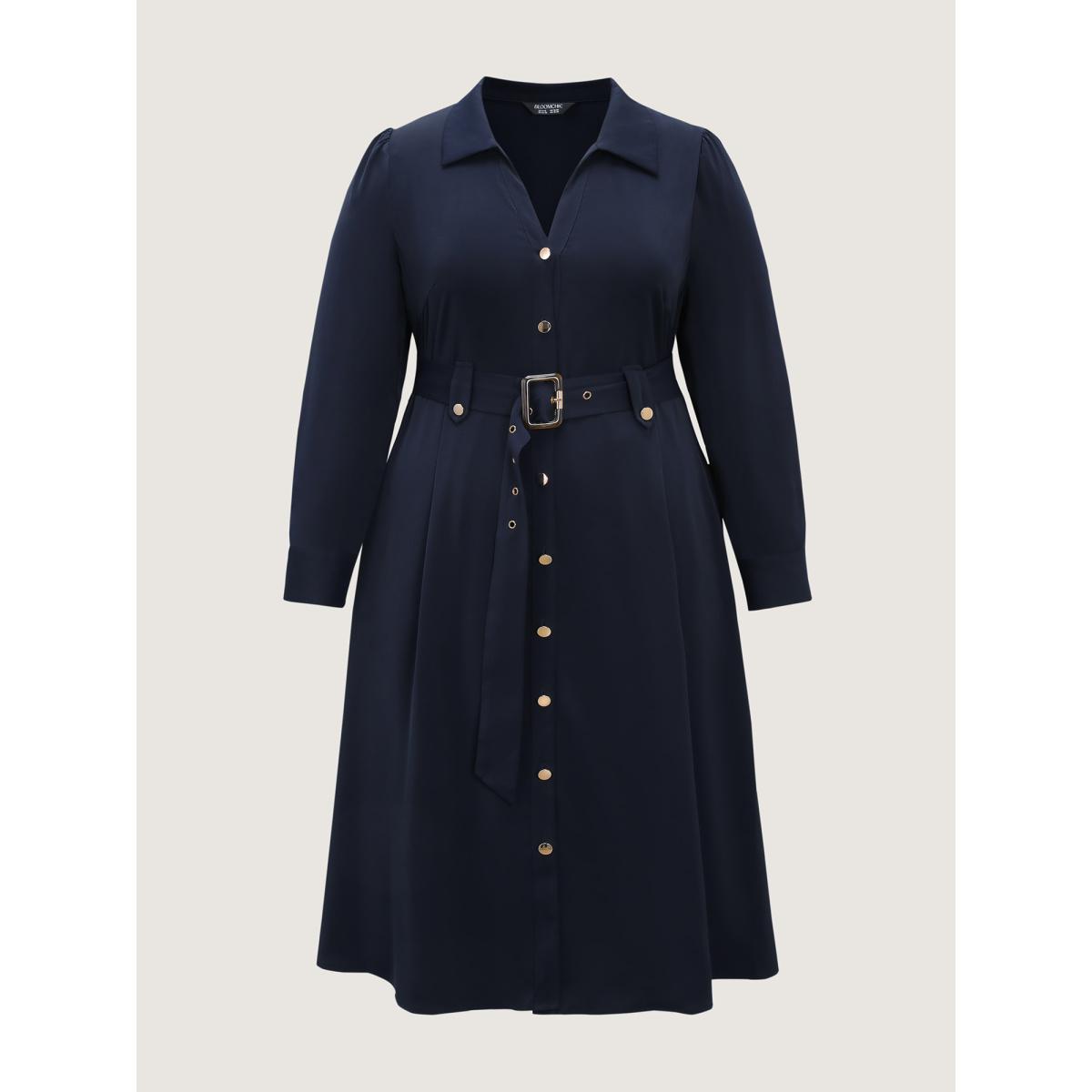 Plus Size Belted Waist Solid Midi Shirt Dress Indigo Women Office Shirt collar Long Sleeve Curvy BloomChic 12/L Product Image