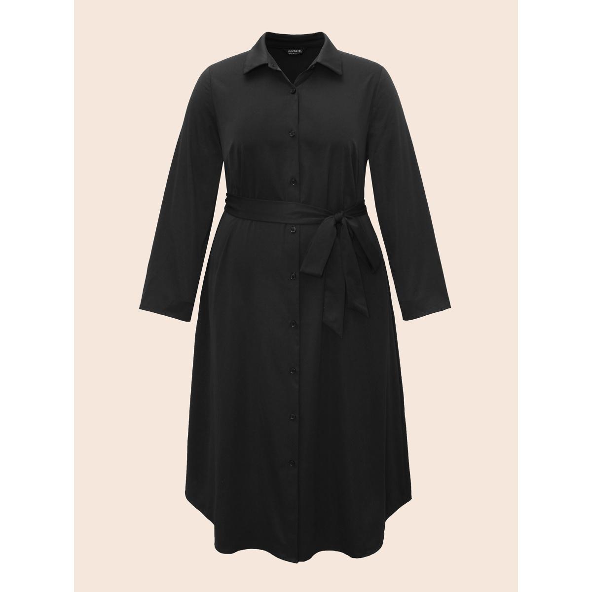 Plus Size Shirt Collar Curved Hem Midi Dress Black Women At the Office Belted Shirt collar Long Sleeve Curvy BloomChic 14-16/1X Product Image