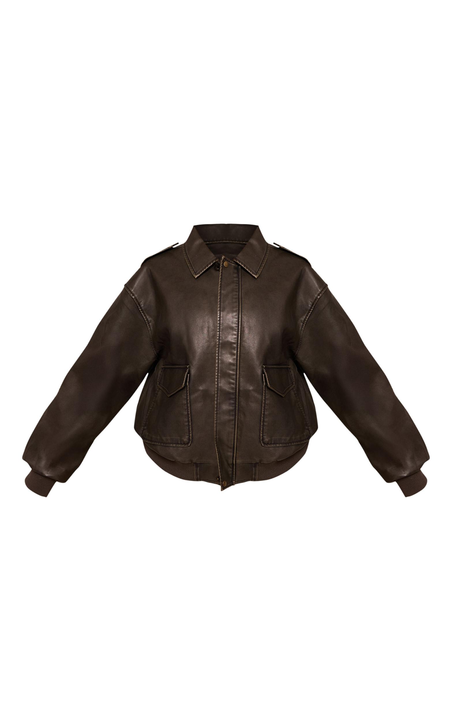 Plus Brown Washed Faux Leather Pocket Detail Bomber Jacket Product Image