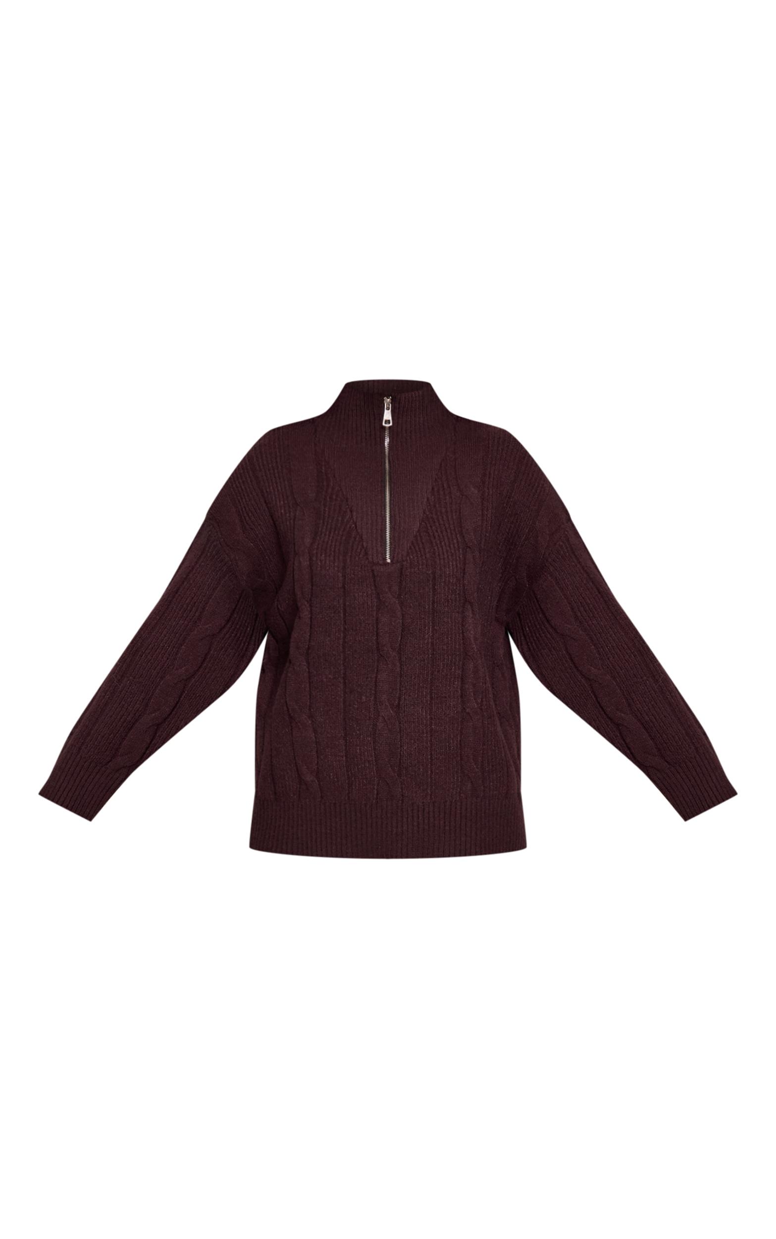 Chocolate Zip Detail Cable Knit Oversized Sweater Product Image